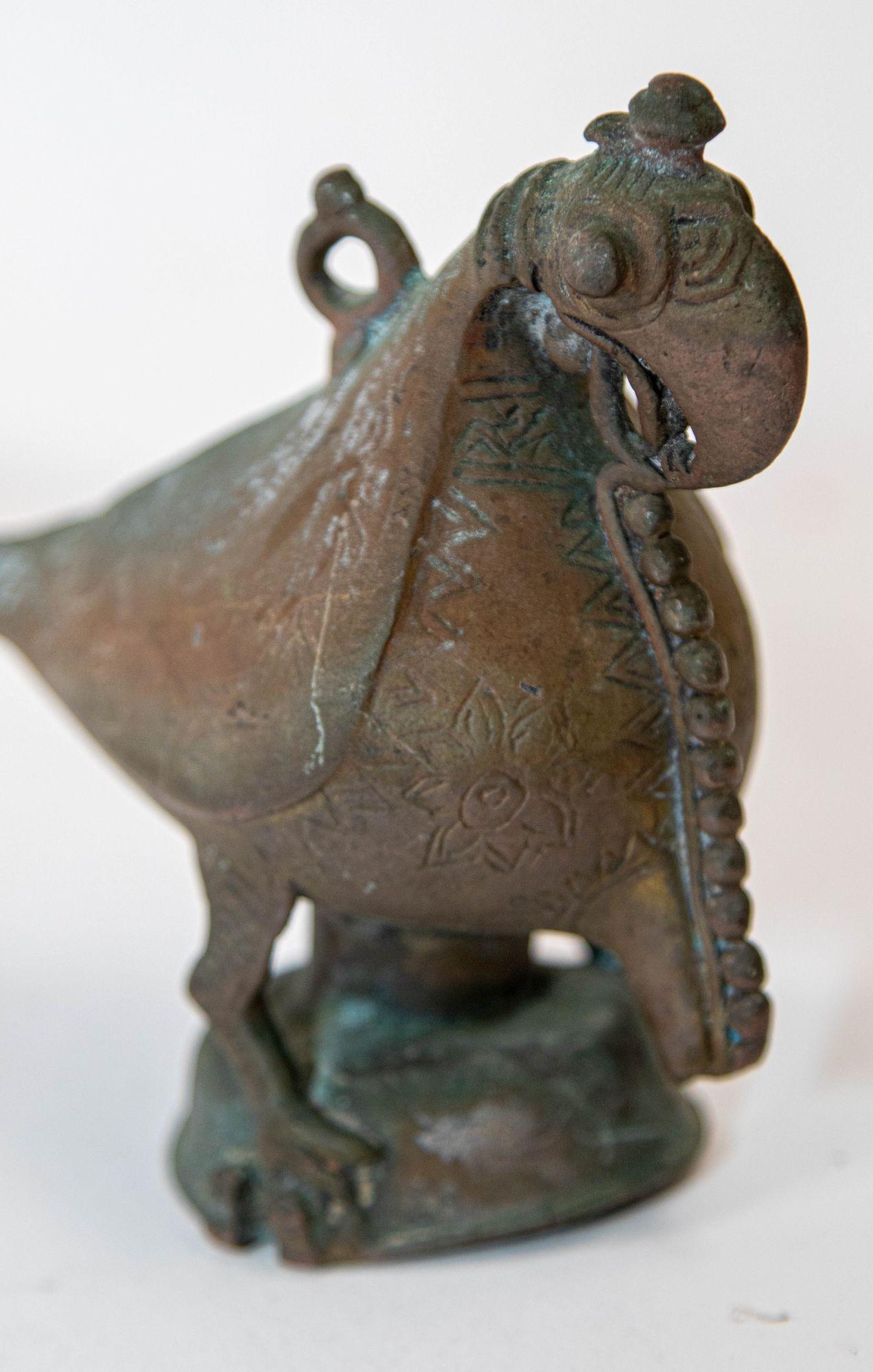 Antique Indian Bronze Parrot Figure oil Lamp Rajasthan 19th Century In Fair Condition For Sale In North Hollywood, CA