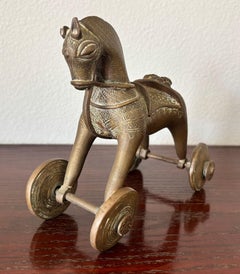 Antique Indian Bronze Temple Toy Horse-Drawn Chariot on Wheels, 19th Century