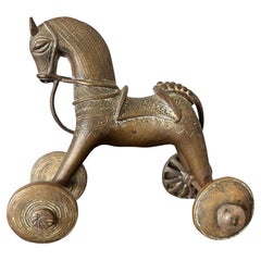 Antique Indian Bronze Temple Toy Horse-Drawn Chariot on Wheels, 19th Century
