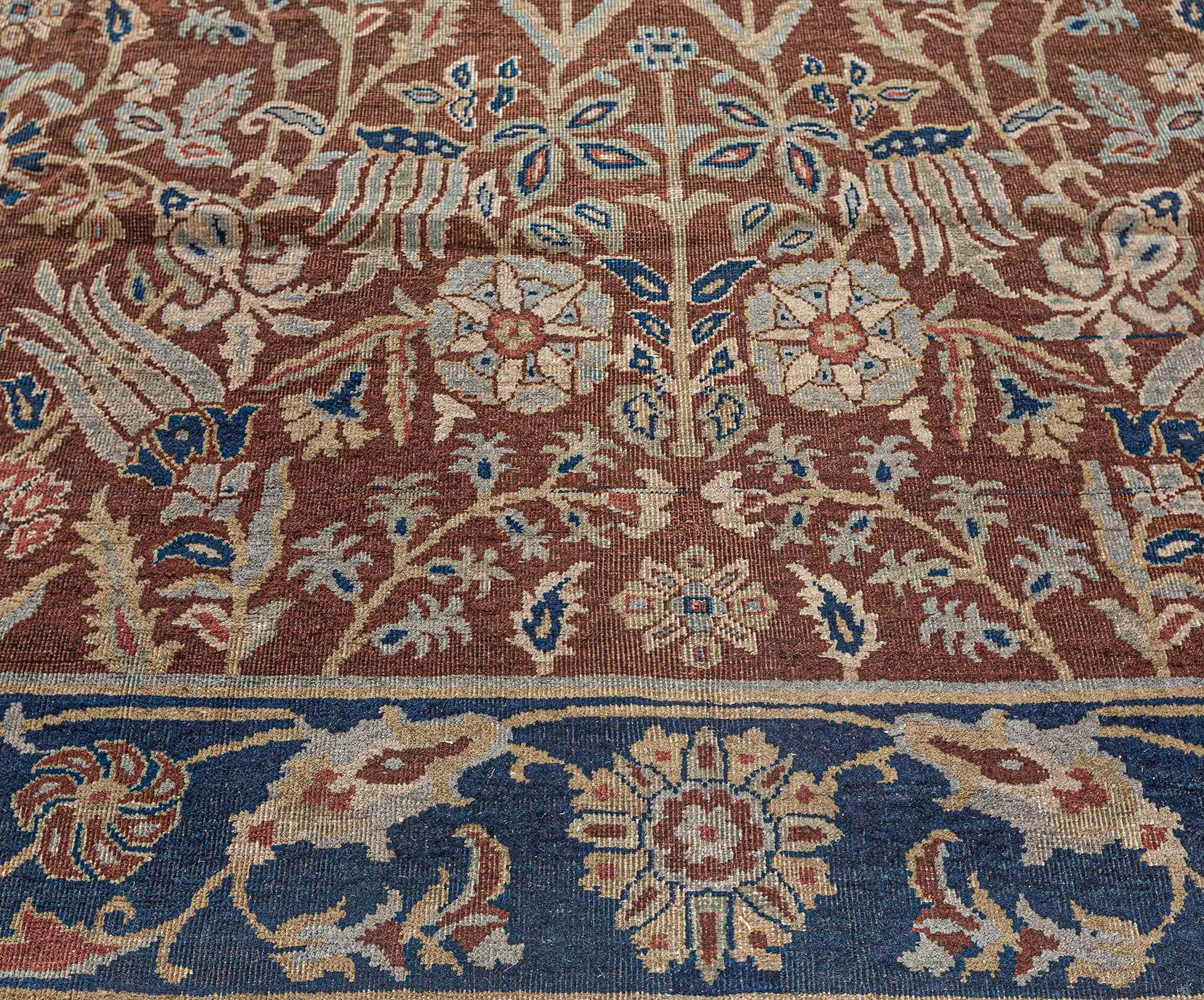 Hand-Knotted Antique Indian Brown Handmade Wool Rug  For Sale