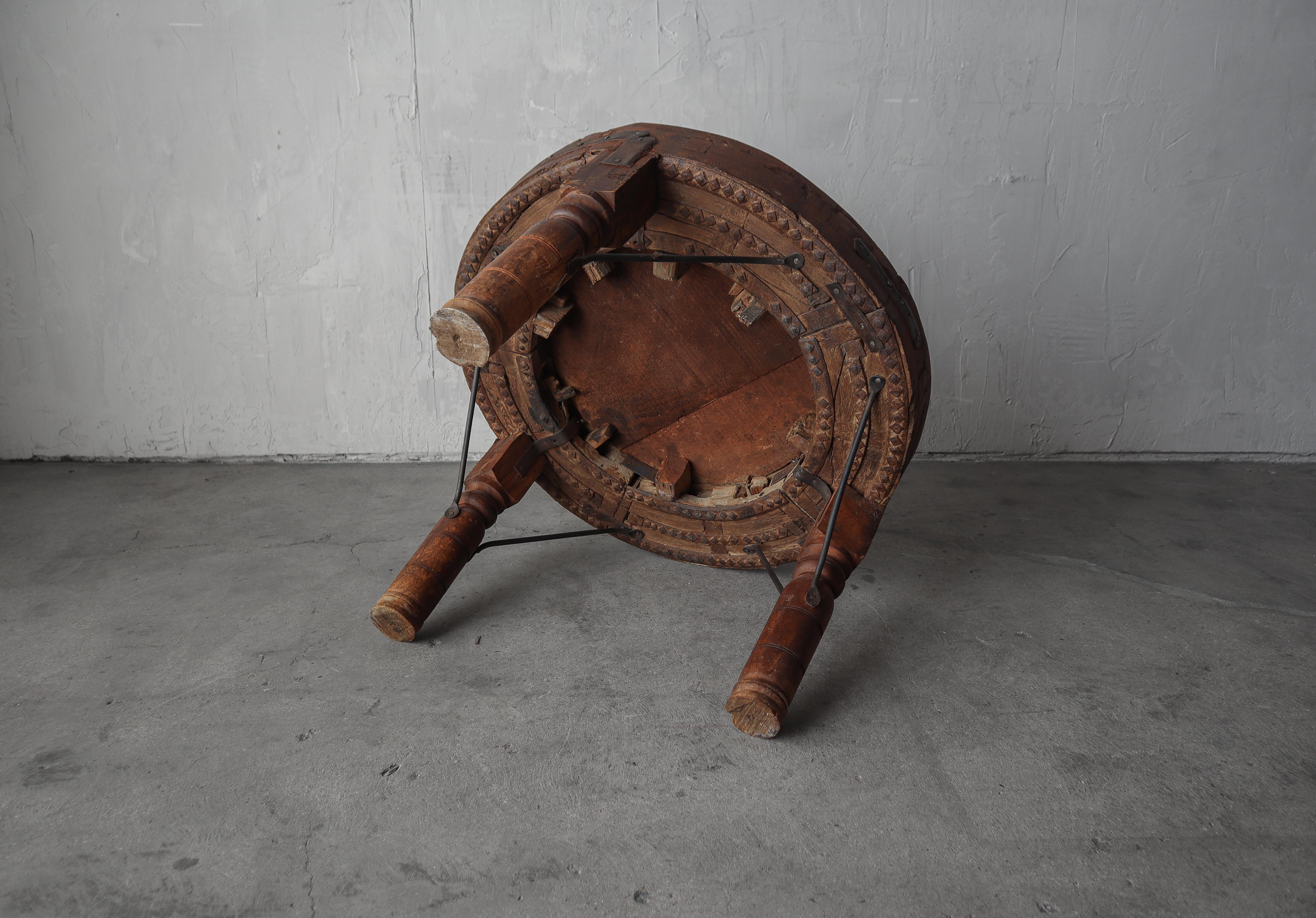 Wood Antique Indian Bullock Cart Wheel Table For Sale