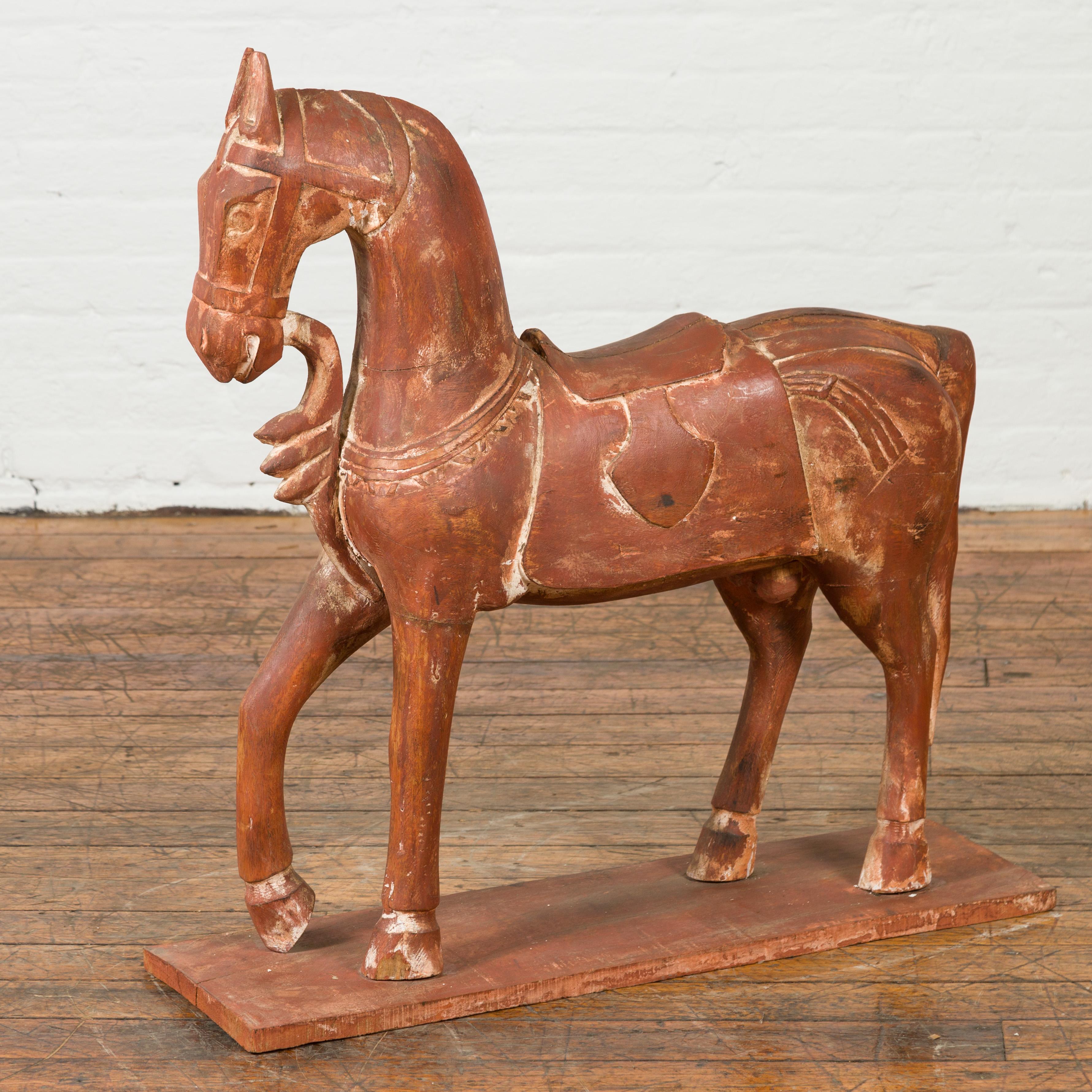 Antique Indian Carved and Painted Wooden Mogul Horse on Rectangular Base For Sale 6