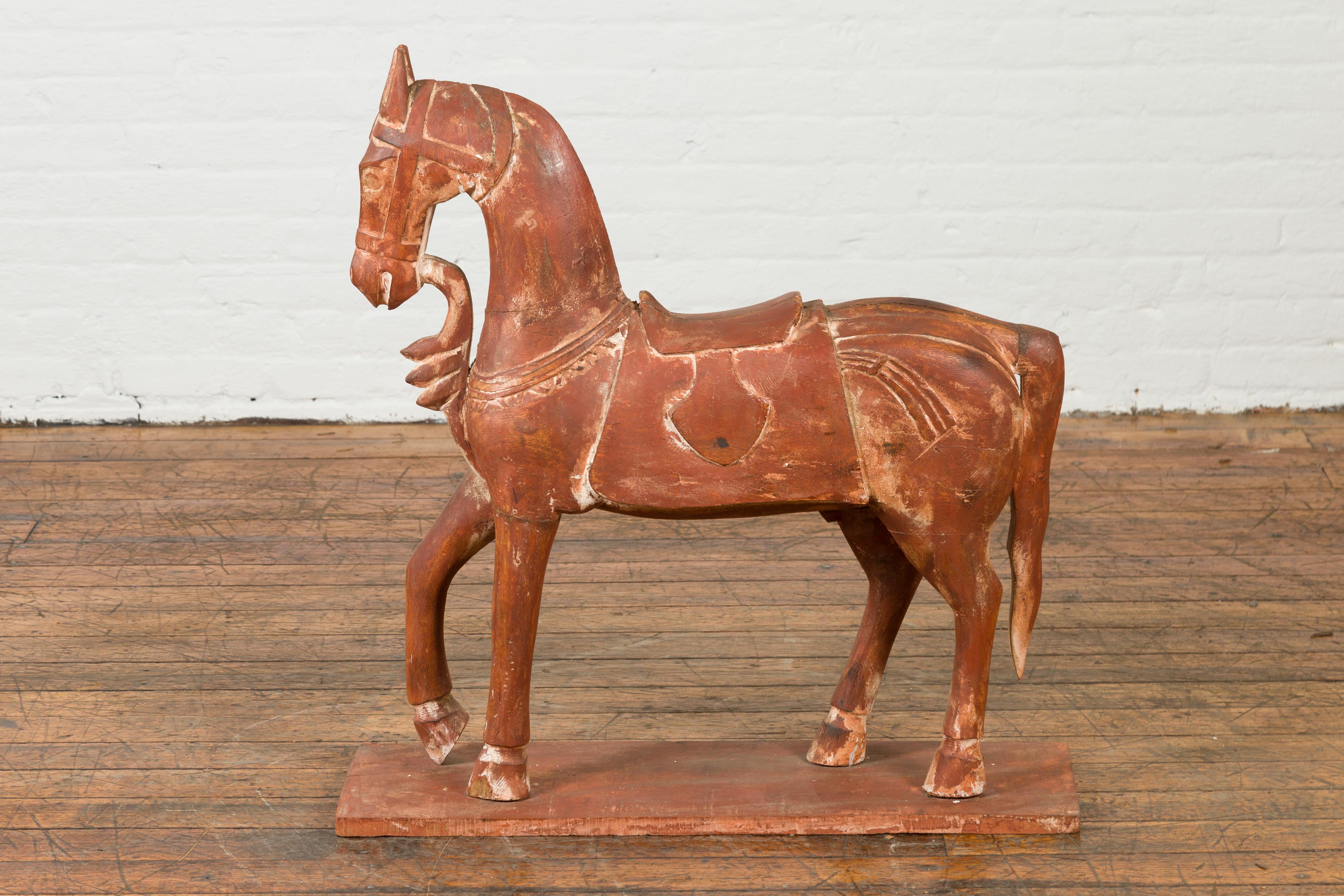 Antique Indian Carved and Painted Wooden Mogul Horse on Rectangular Base For Sale 7