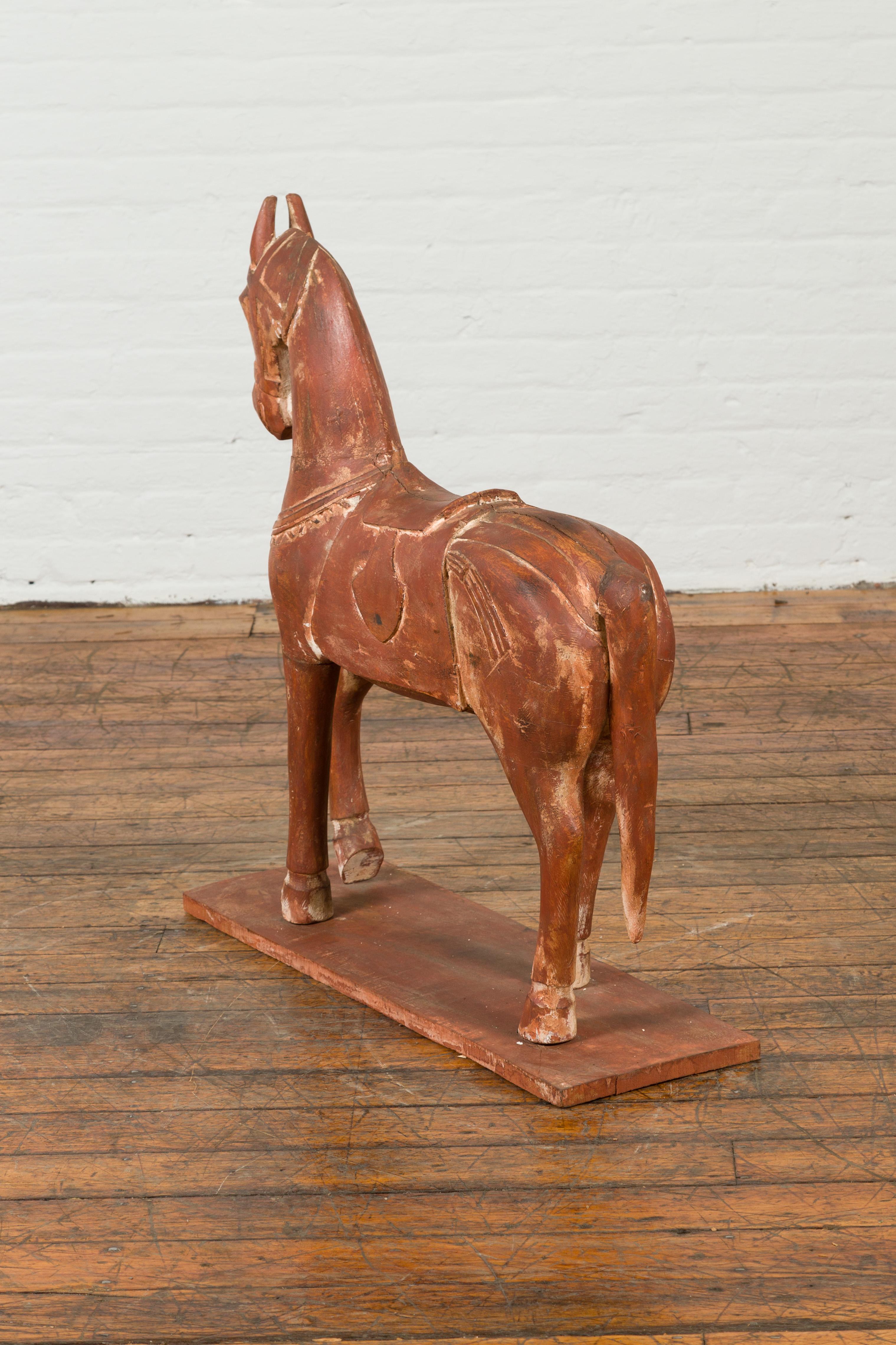 Antique Indian Carved and Painted Wooden Mogul Horse on Rectangular Base For Sale 8