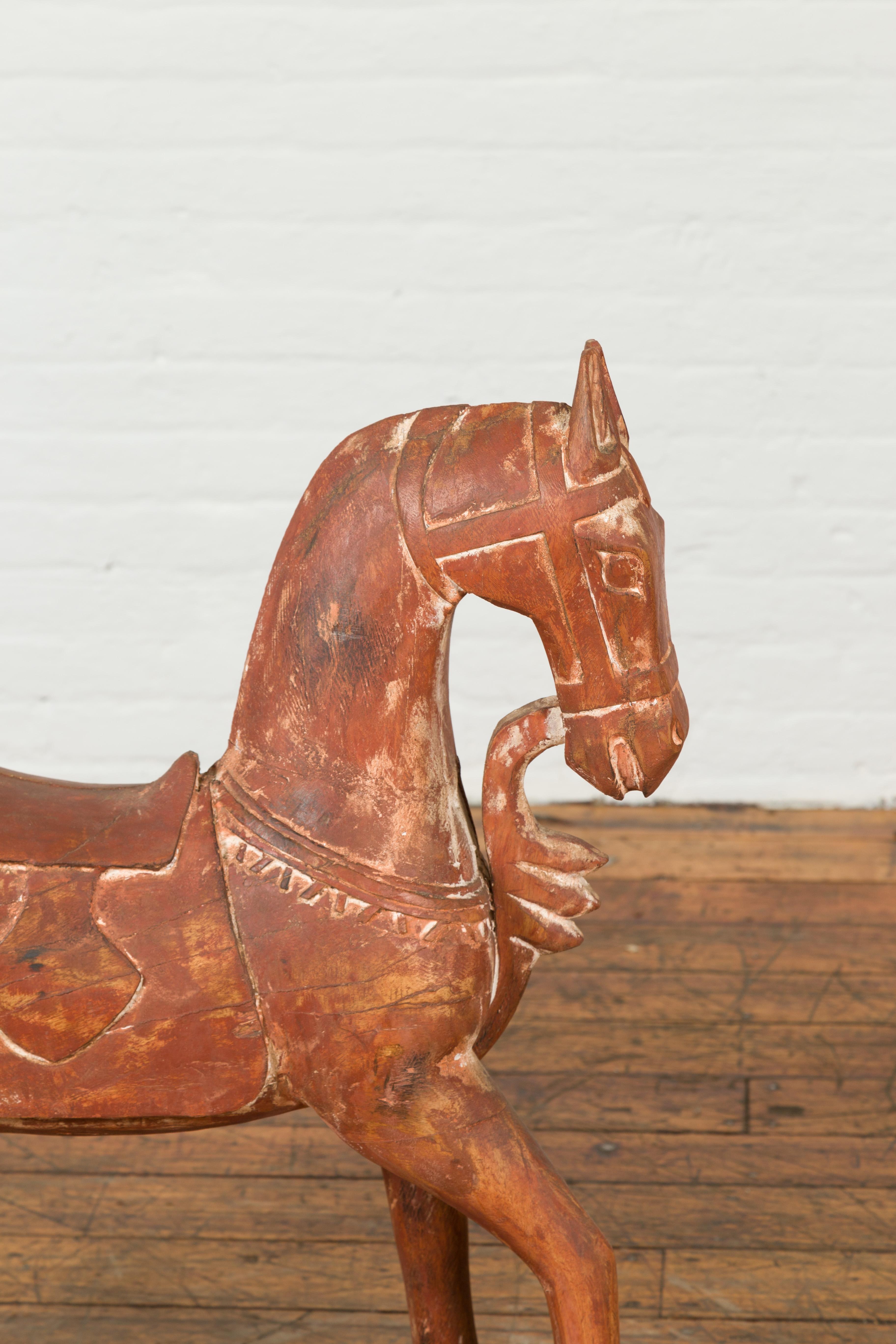 Antique Indian Carved and Painted Wooden Mogul Horse on Rectangular Base In Good Condition For Sale In Yonkers, NY