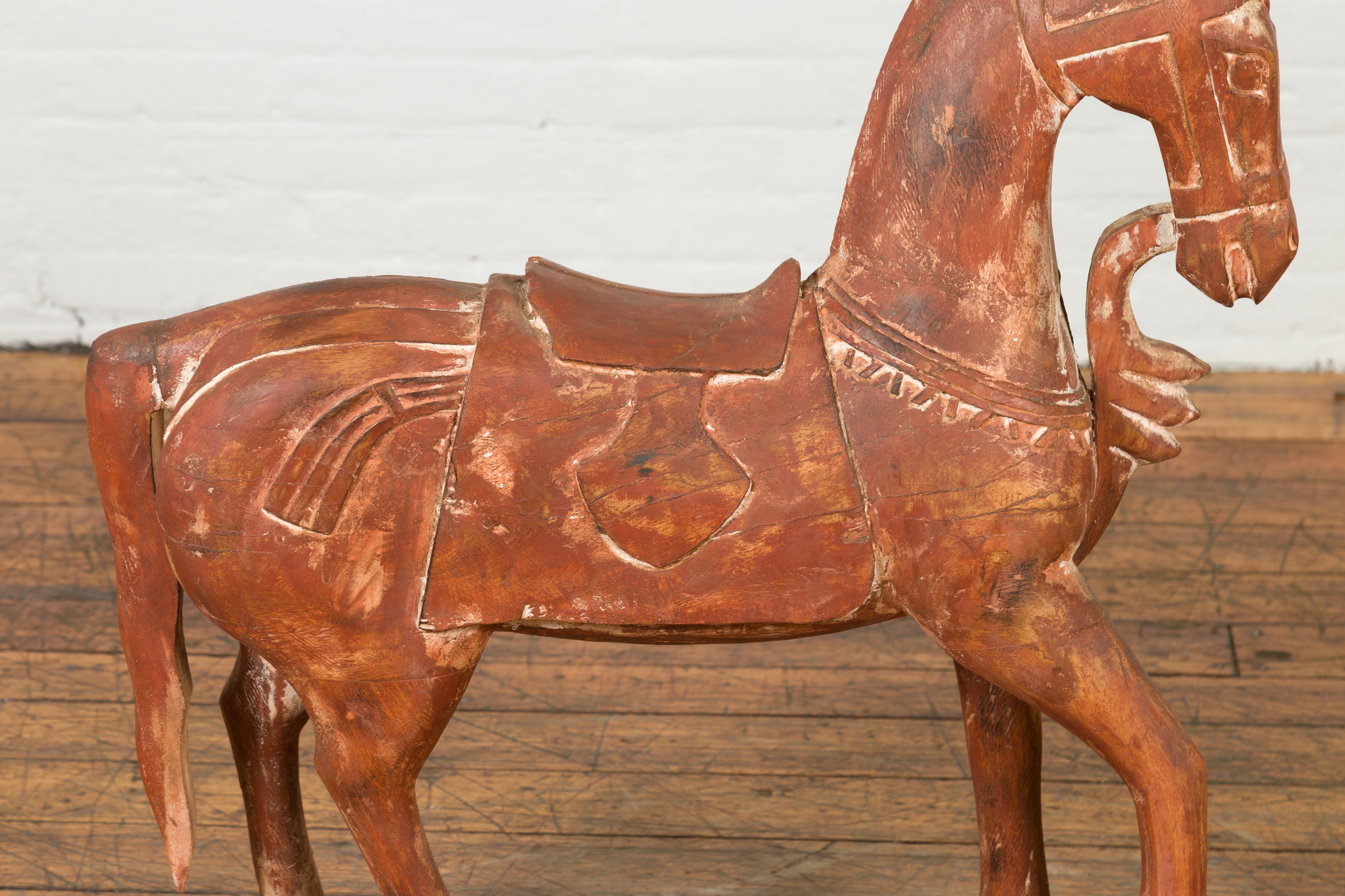 20th Century Antique Indian Carved and Painted Wooden Mogul Horse on Rectangular Base For Sale