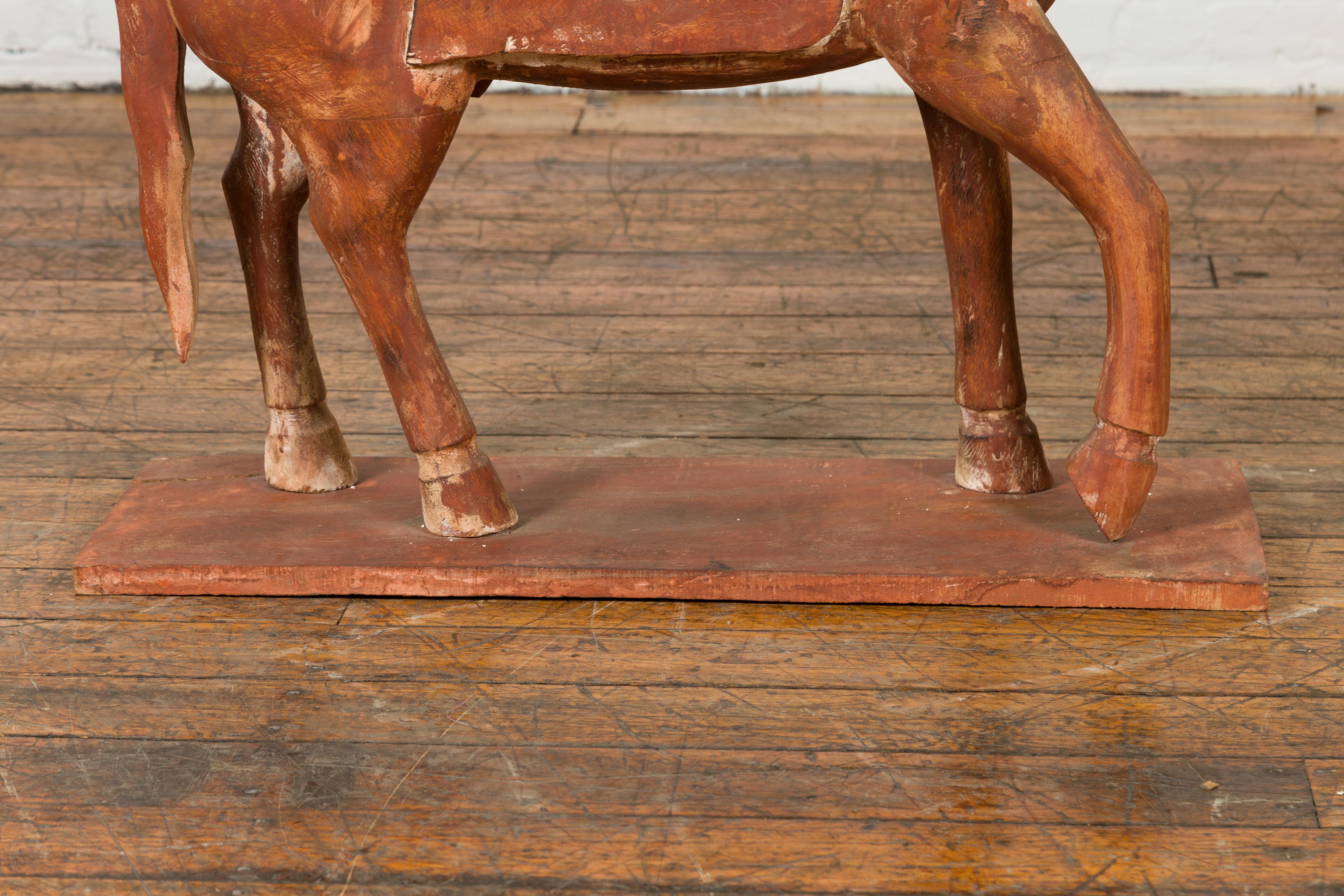 Antique Indian Carved and Painted Wooden Mogul Horse on Rectangular Base For Sale 1