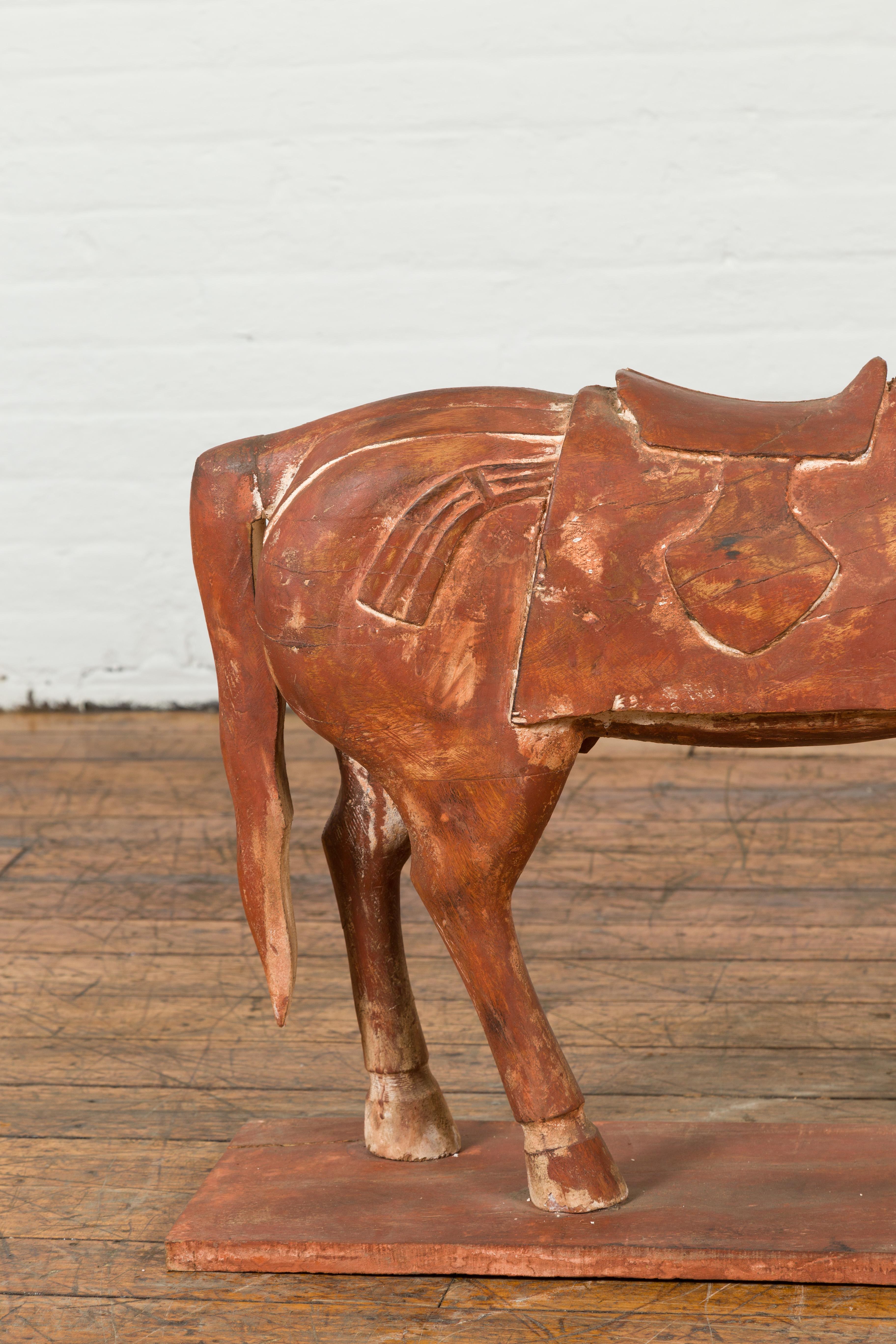 Antique Indian Carved and Painted Wooden Mogul Horse on Rectangular Base For Sale 2