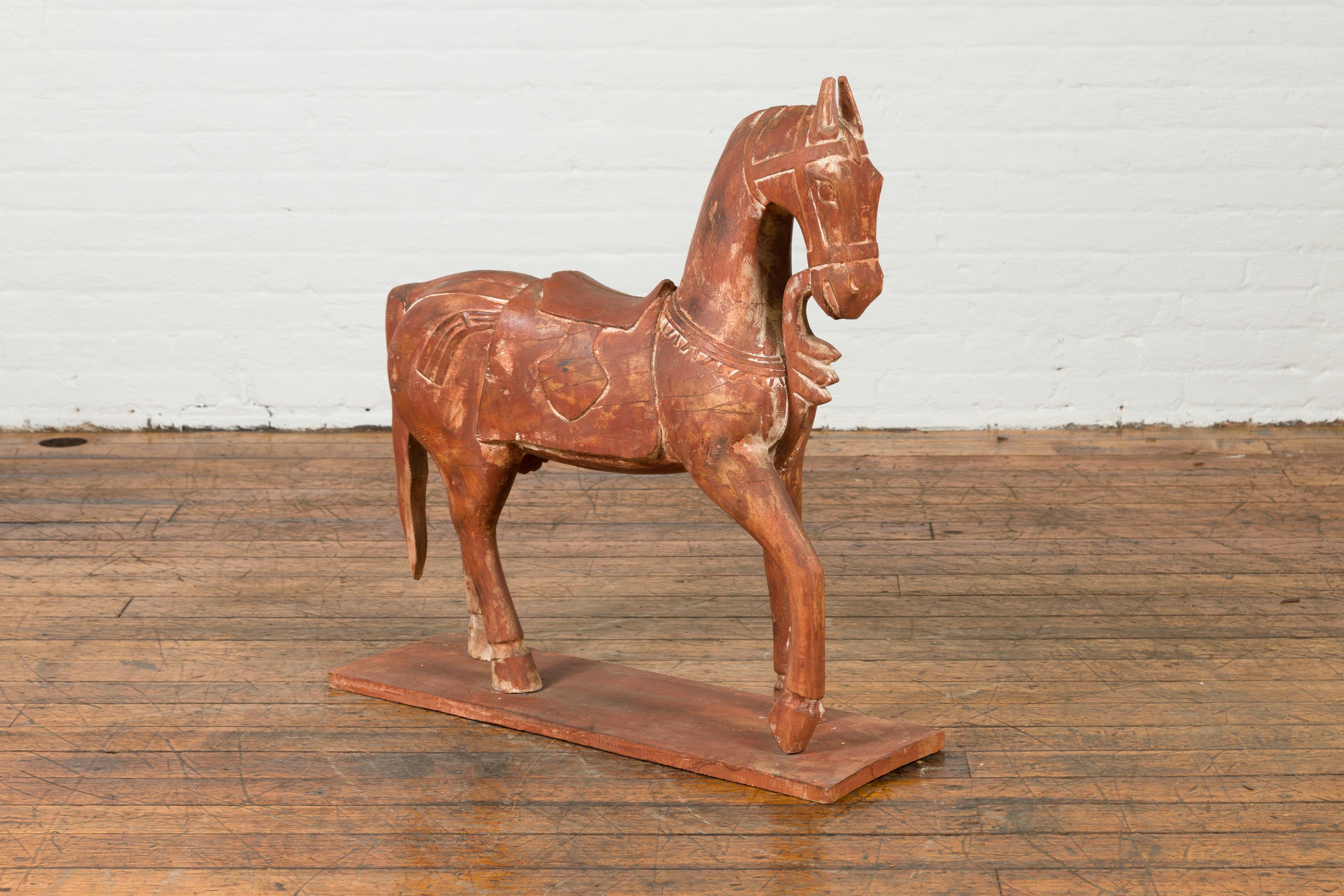 Antique Indian Carved and Painted Wooden Mogul Horse on Rectangular Base For Sale 3
