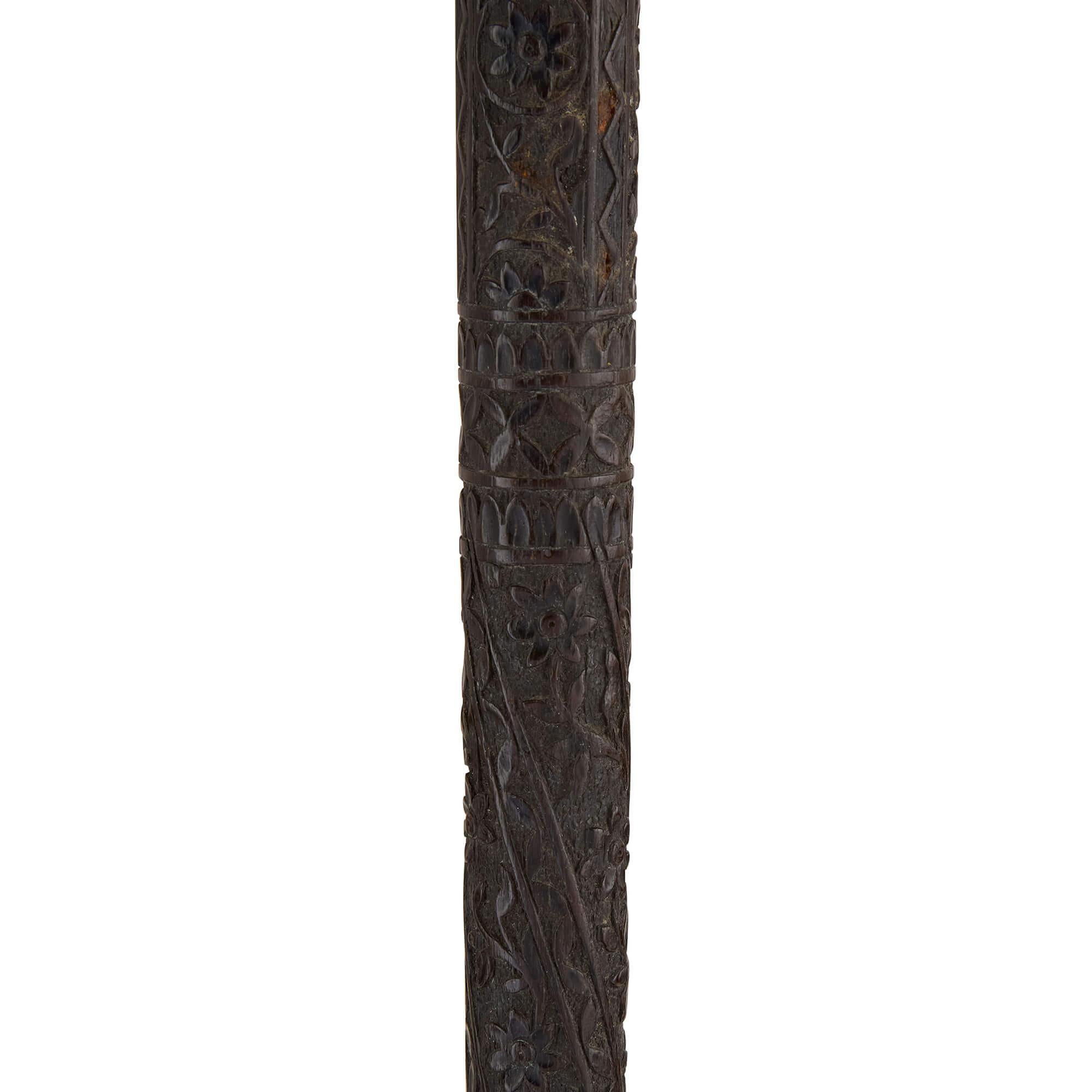 Hand-Carved Antique Indian Carved Wood Folk Art Walking Stick For Sale