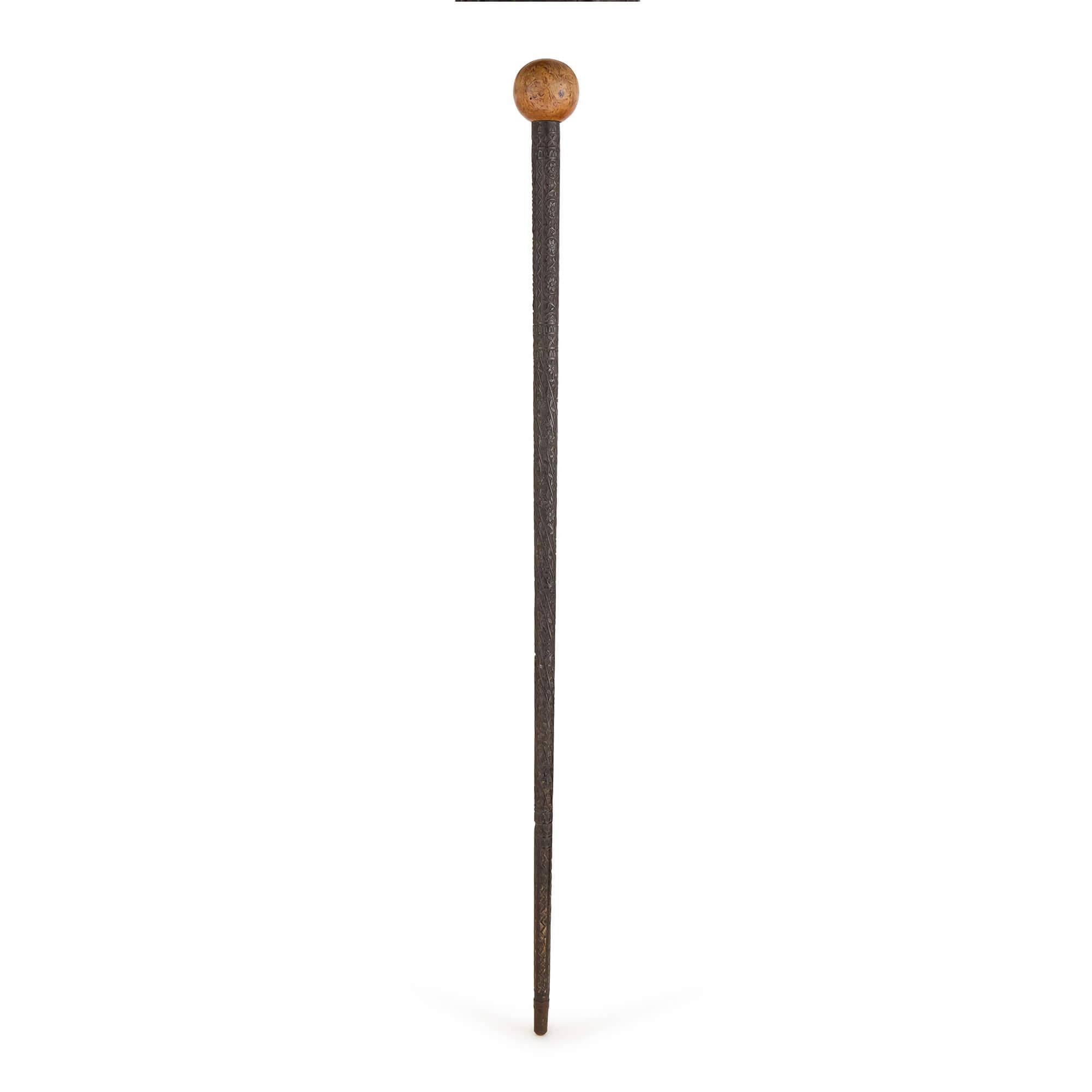 Antique Indian Carved Wood Folk Art Walking Stick In Good Condition For Sale In London, GB