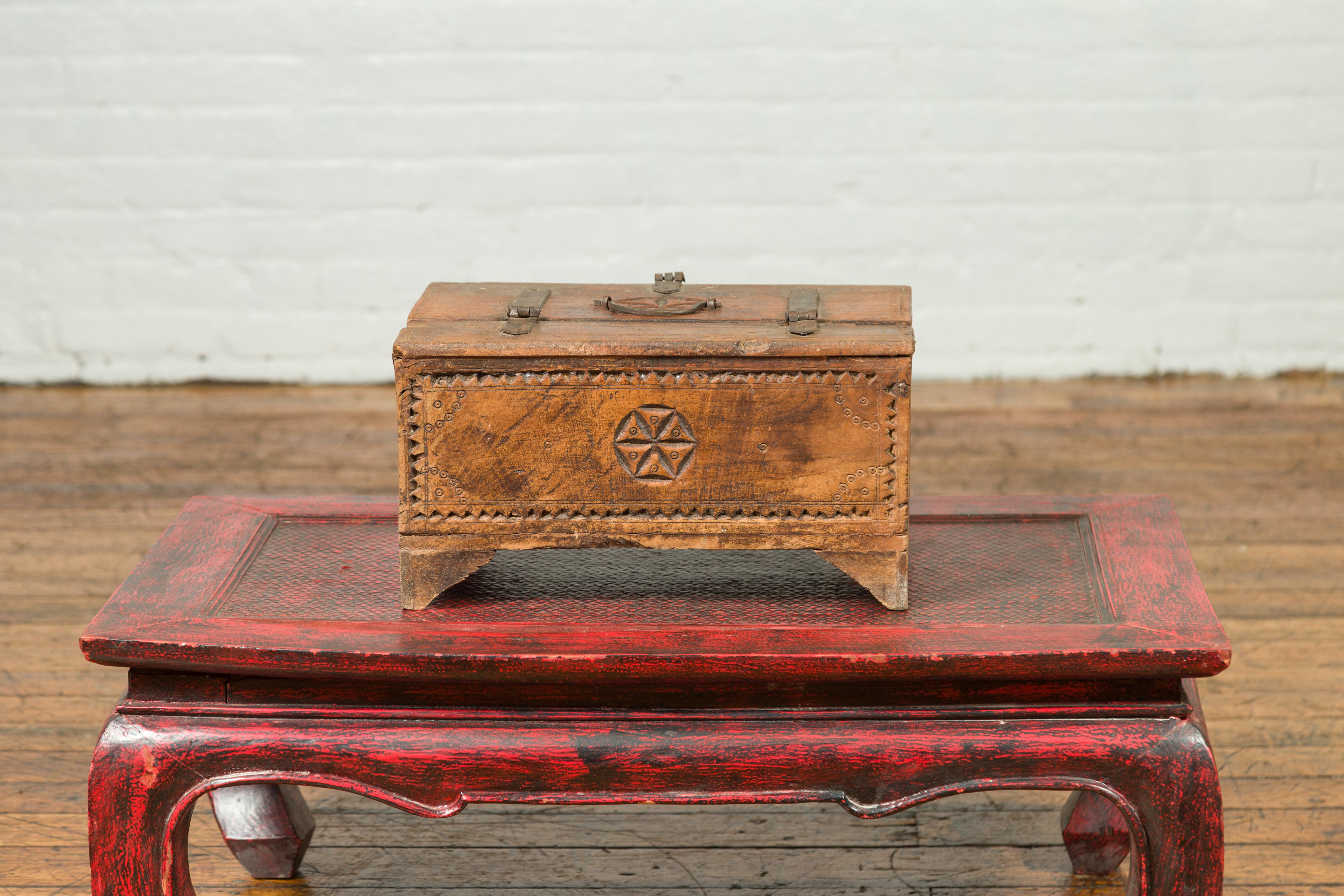 Antique Indian Carved Wooden Box with Rosettes and Geometric Patterns 5