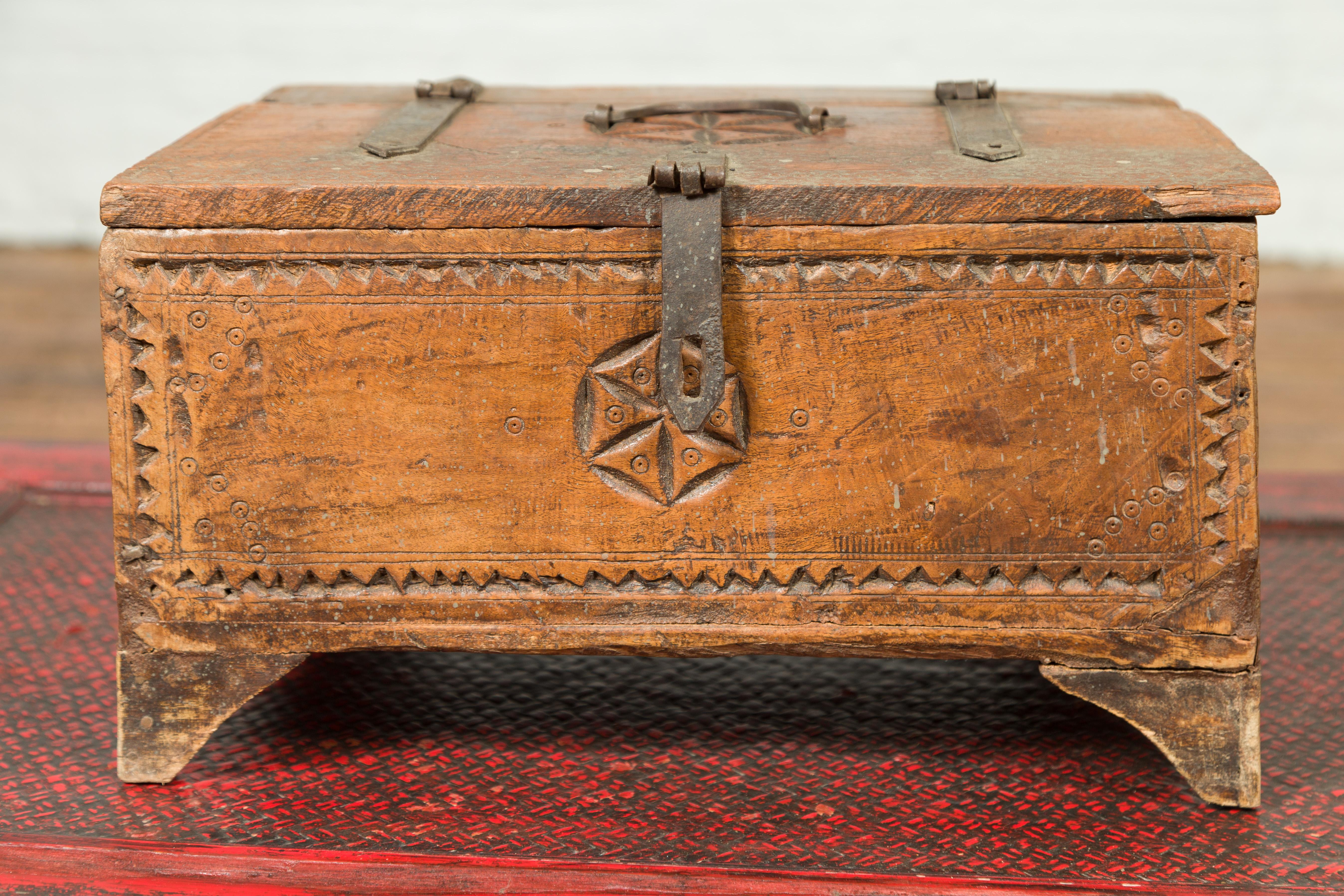 19th Century Antique Indian Carved Wooden Box with Rosettes and Geometric Patterns