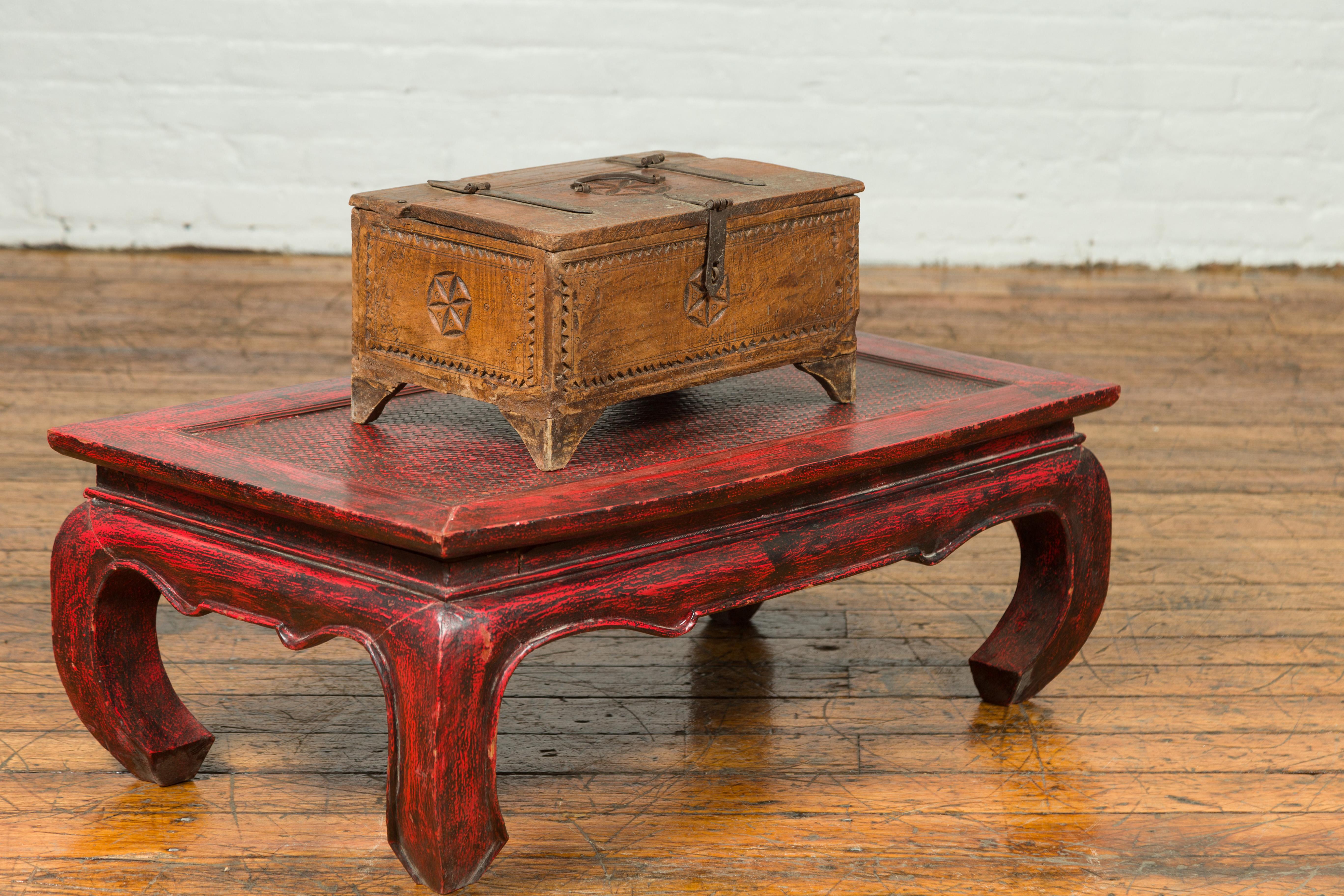 Antique Indian Carved Wooden Box with Rosettes and Geometric Patterns 2