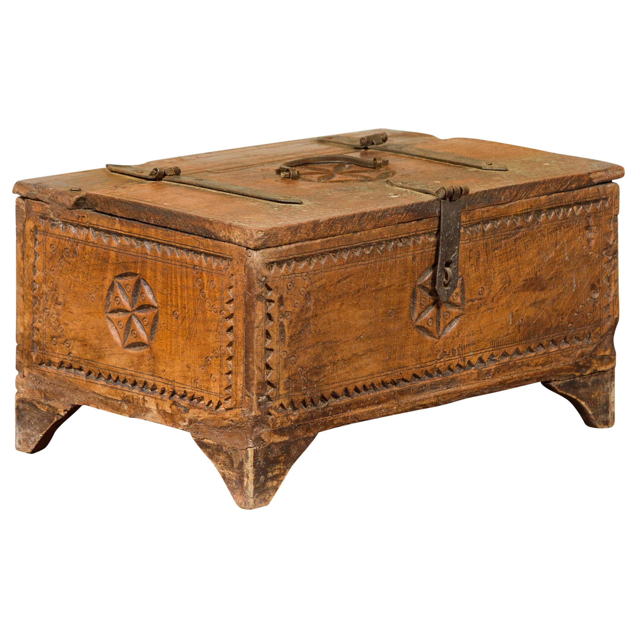 Antique Indian Carved Wooden Box with Rosettes and Geometric Patterns