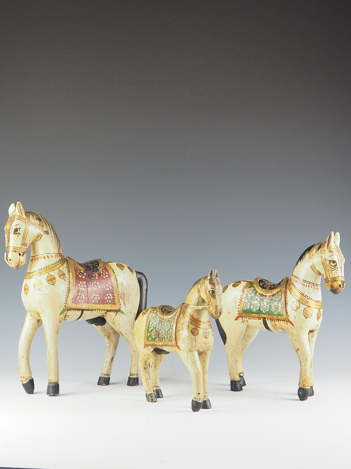 20th Century Antique Indian Carved Wooden ‘Ghodi’ Wedding Horses Set of Three For Sale