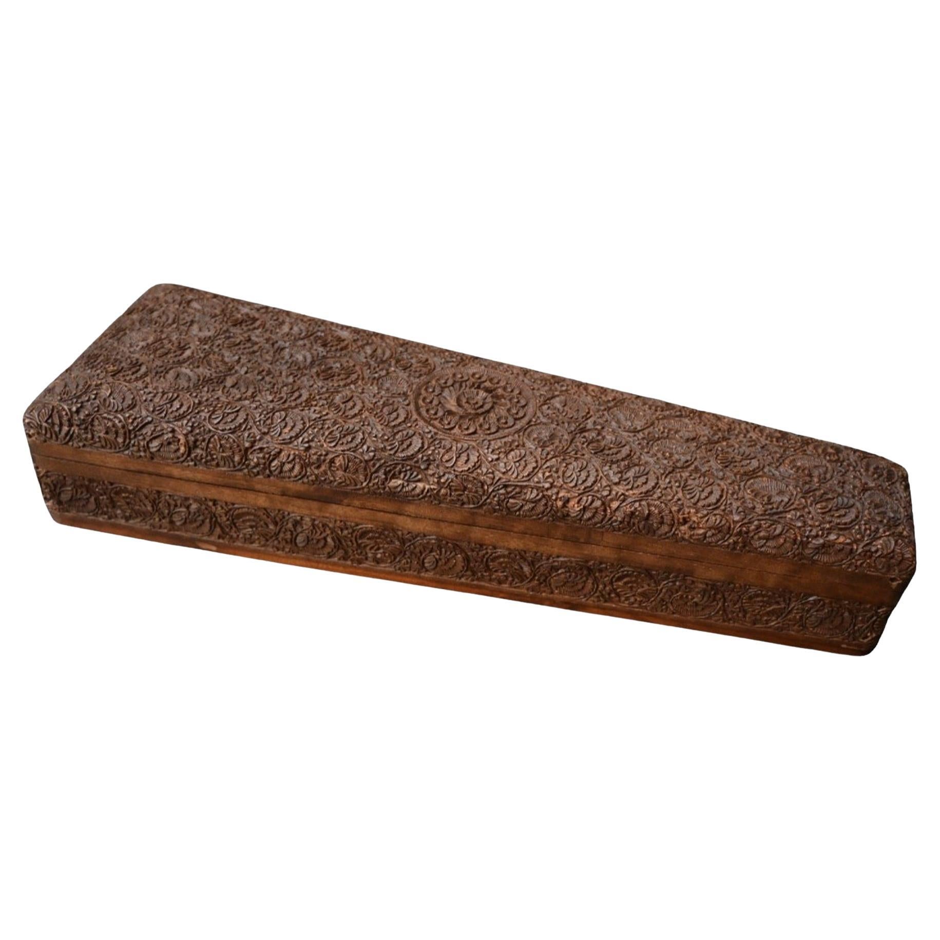 Antique Indian Carved Wooden Storage Box For Fans, 19th century