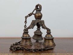 Antique Indian Ceremonial Brass Temple Hanging Bells with Three Elephant Heads