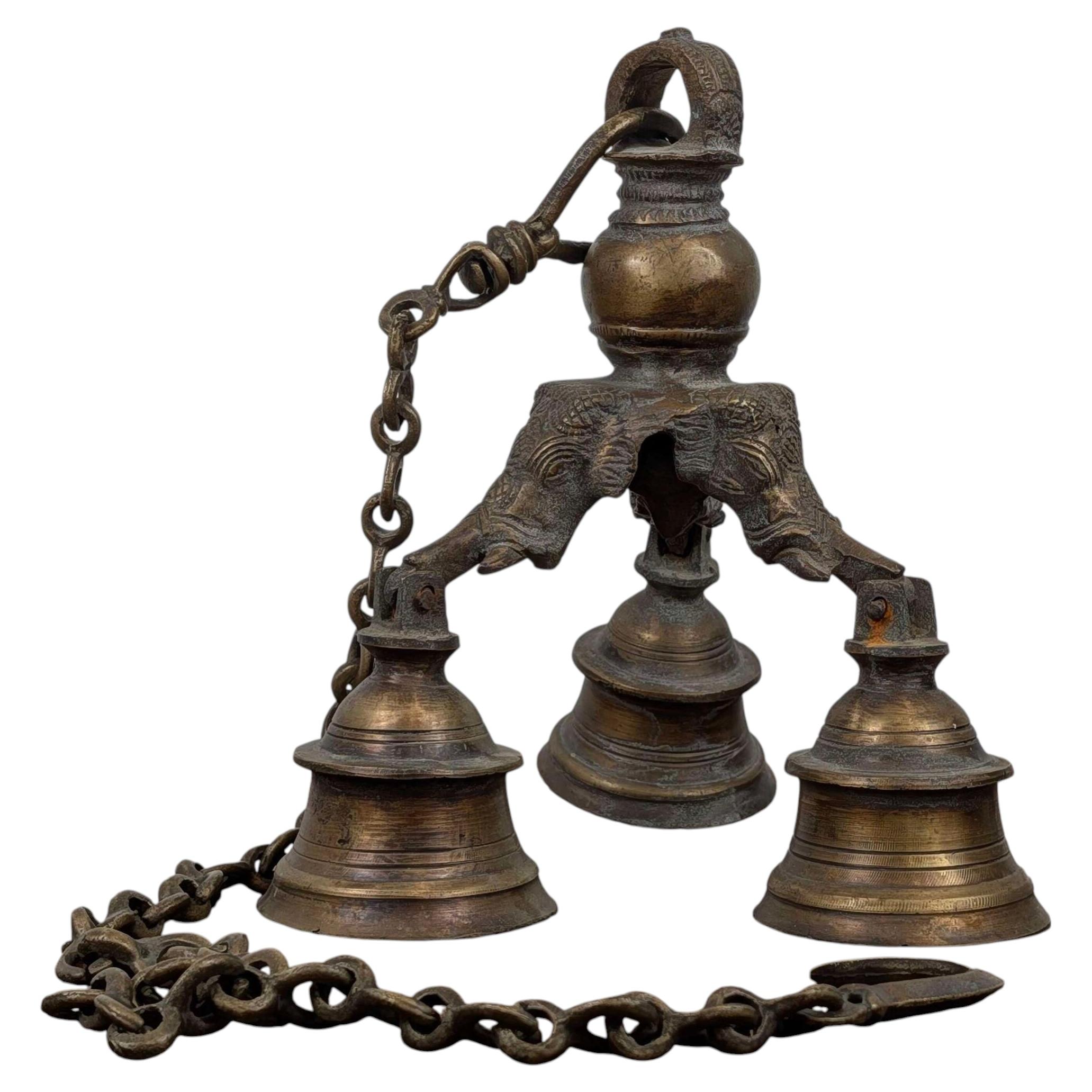 Antique Indian Ceremonial Brass Temple Hanging Bells with Three Elephant Heads