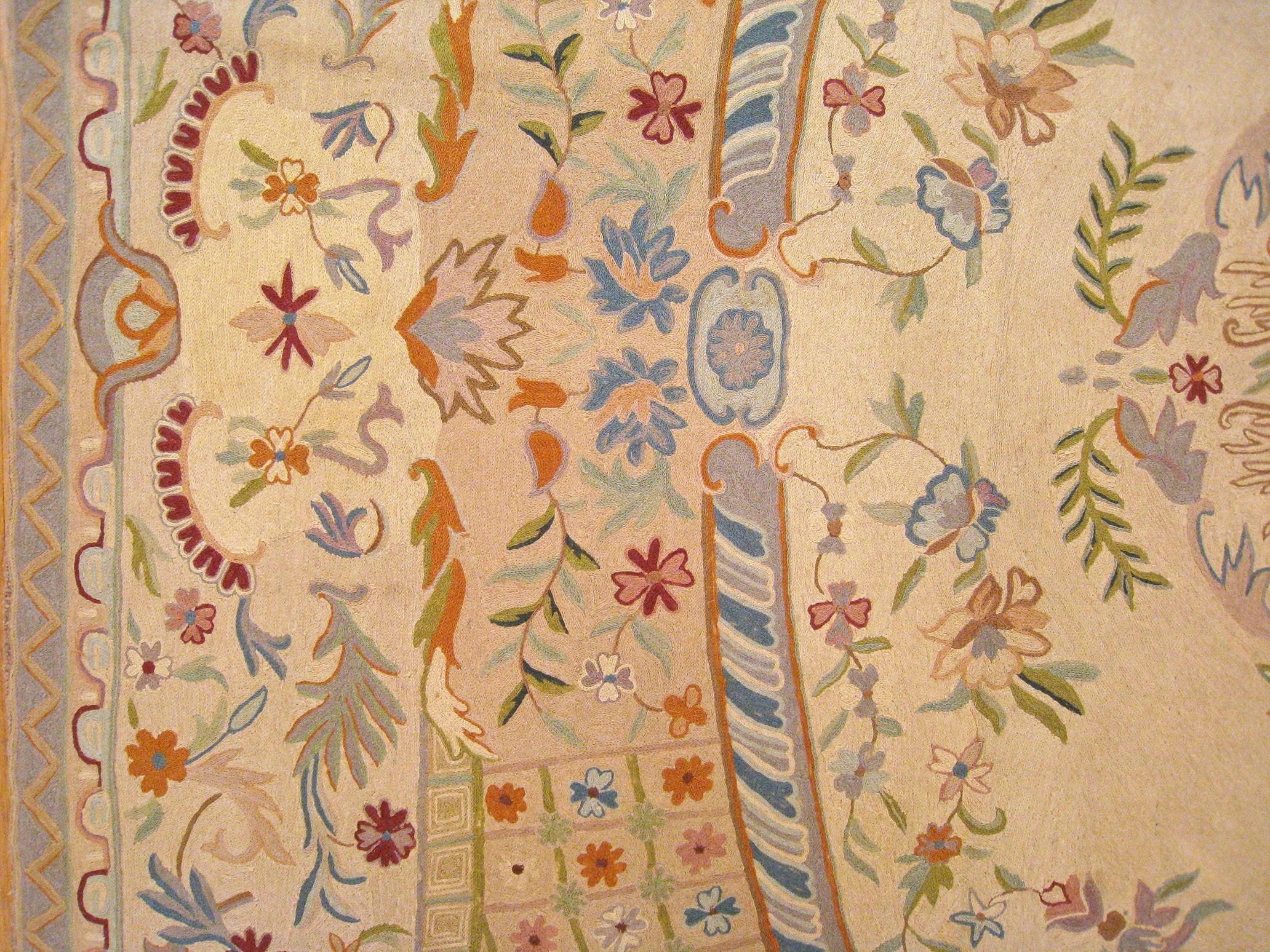 Wool Antique Indian Chain Stitch Rug, in Room Size, with Medallion and Flowers