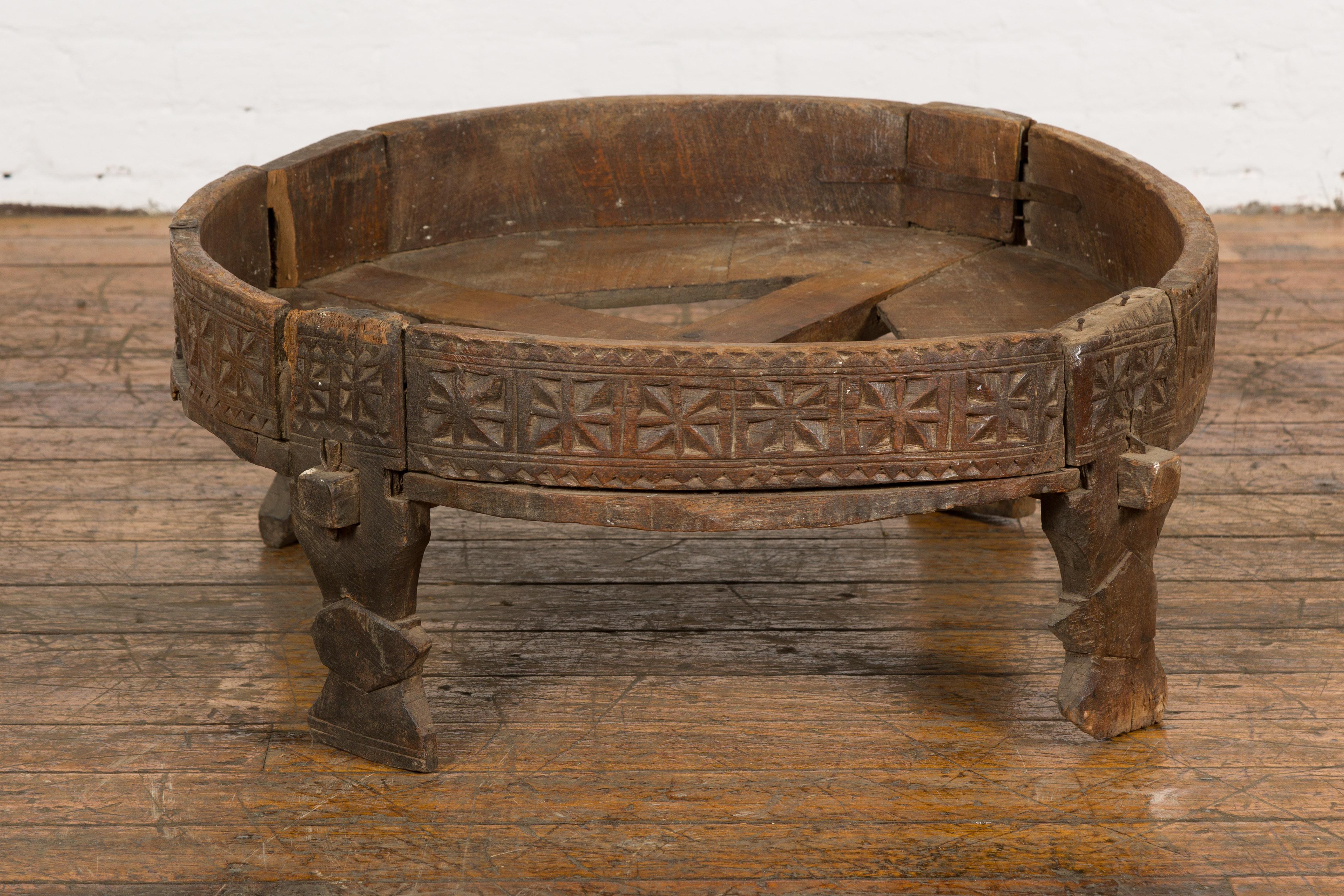 Antique Indian Chakki Grinding Table with Hand-Carved Geometric Décor For Sale 6