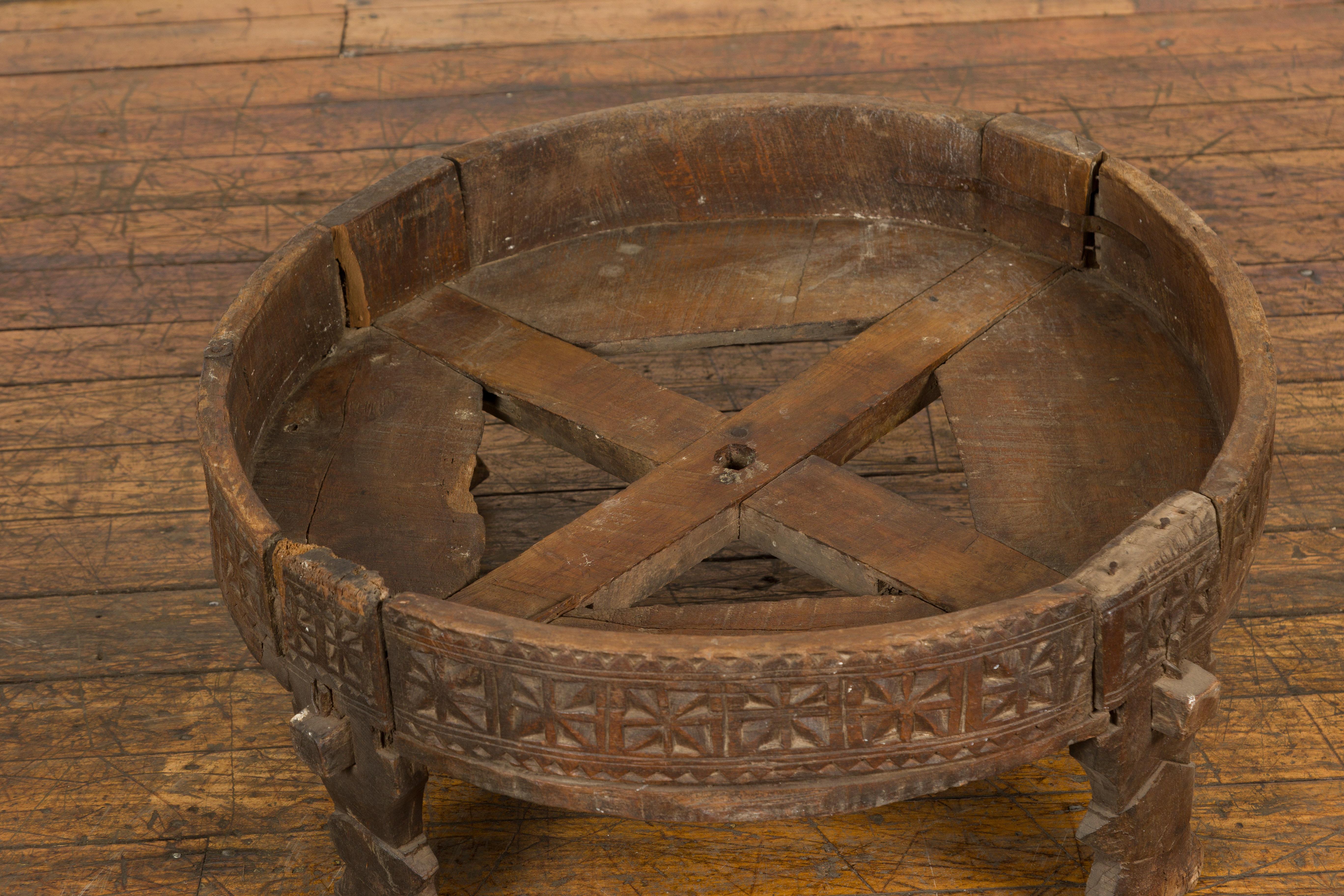 20th Century Antique Indian Chakki Grinding Table with Hand-Carved Geometric Décor For Sale