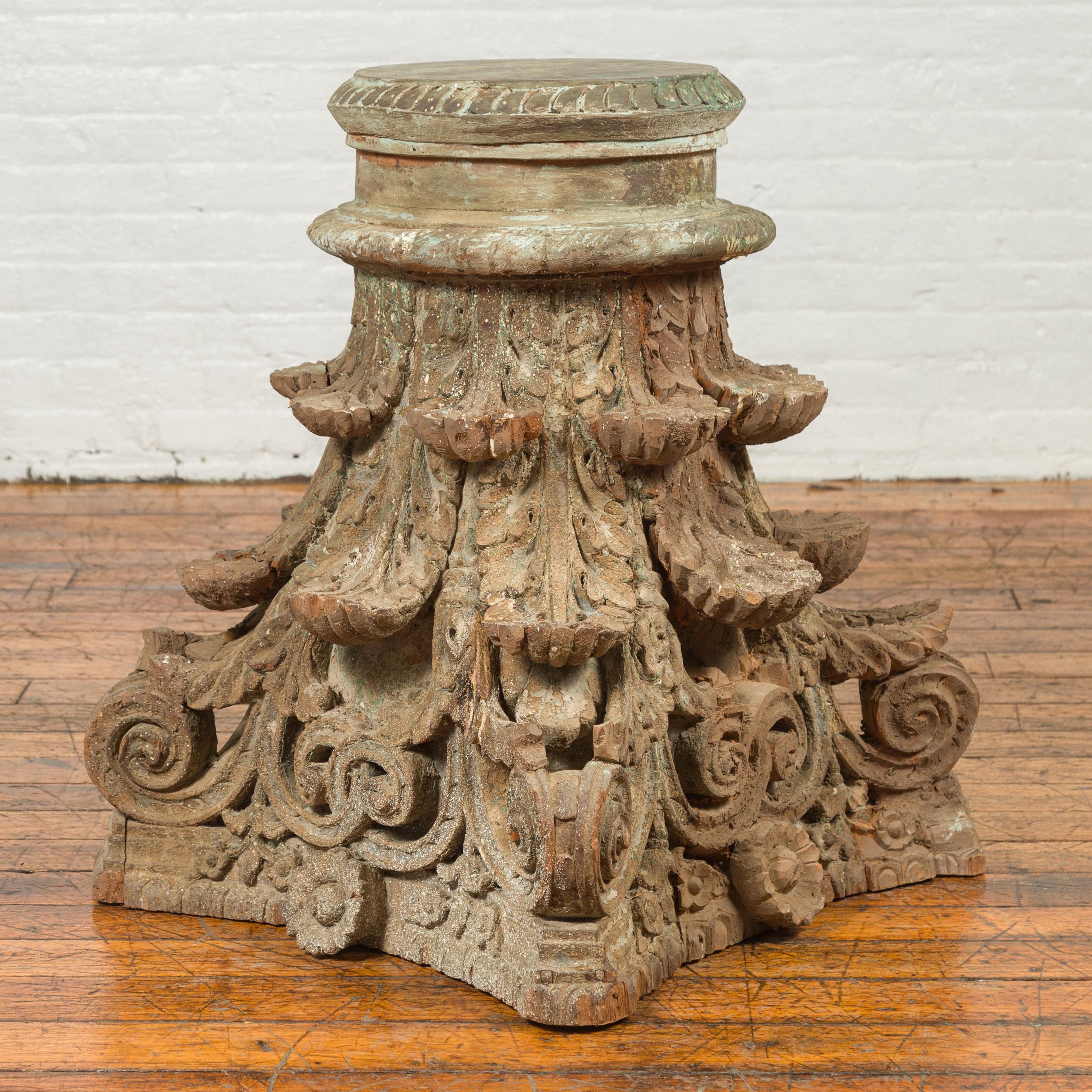 Antique Indian Corinthian Temple Capital Carving with Distressed Patina For Sale 2