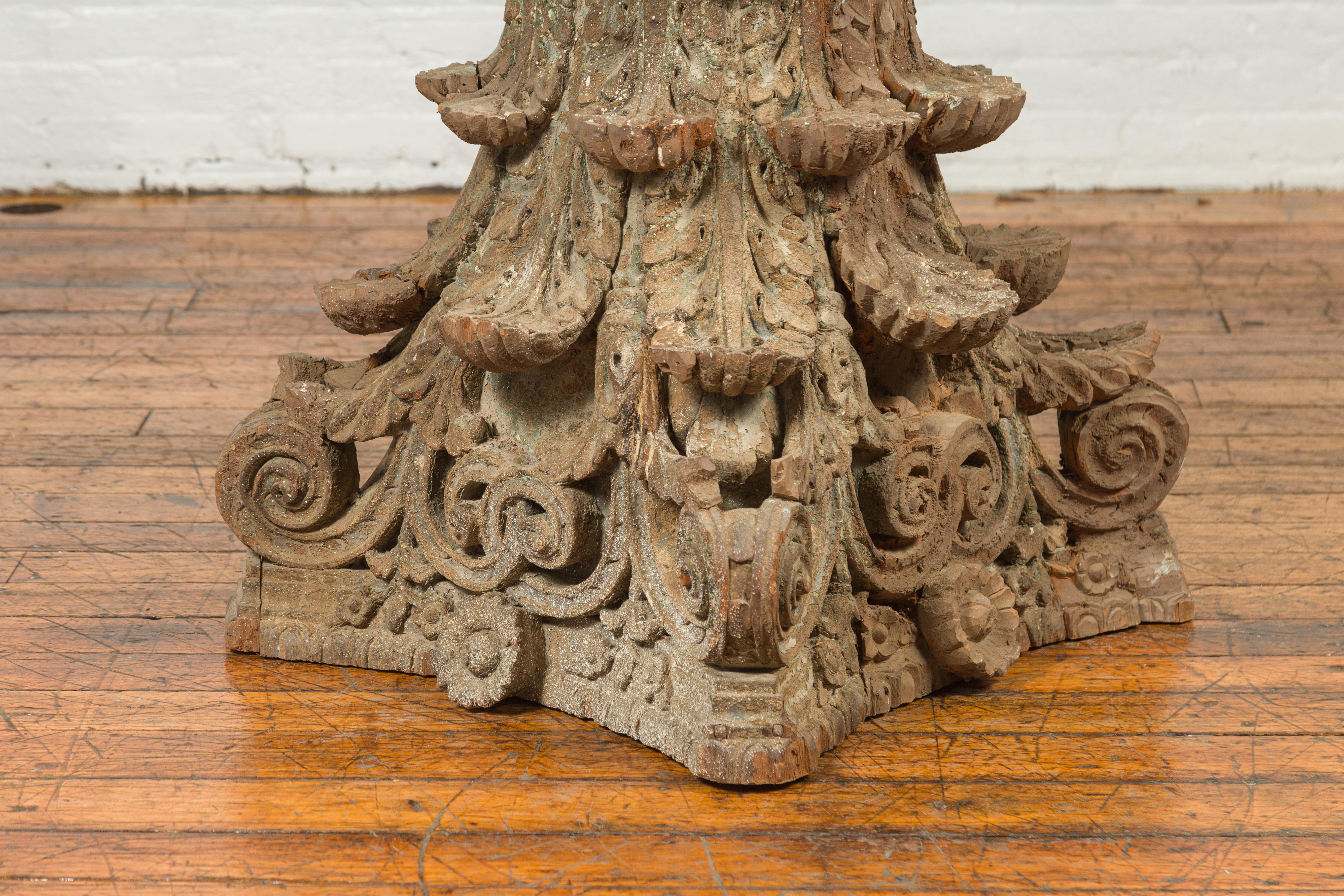 Antique Indian Corinthian Temple Capital Carving with Distressed Patina For Sale 3
