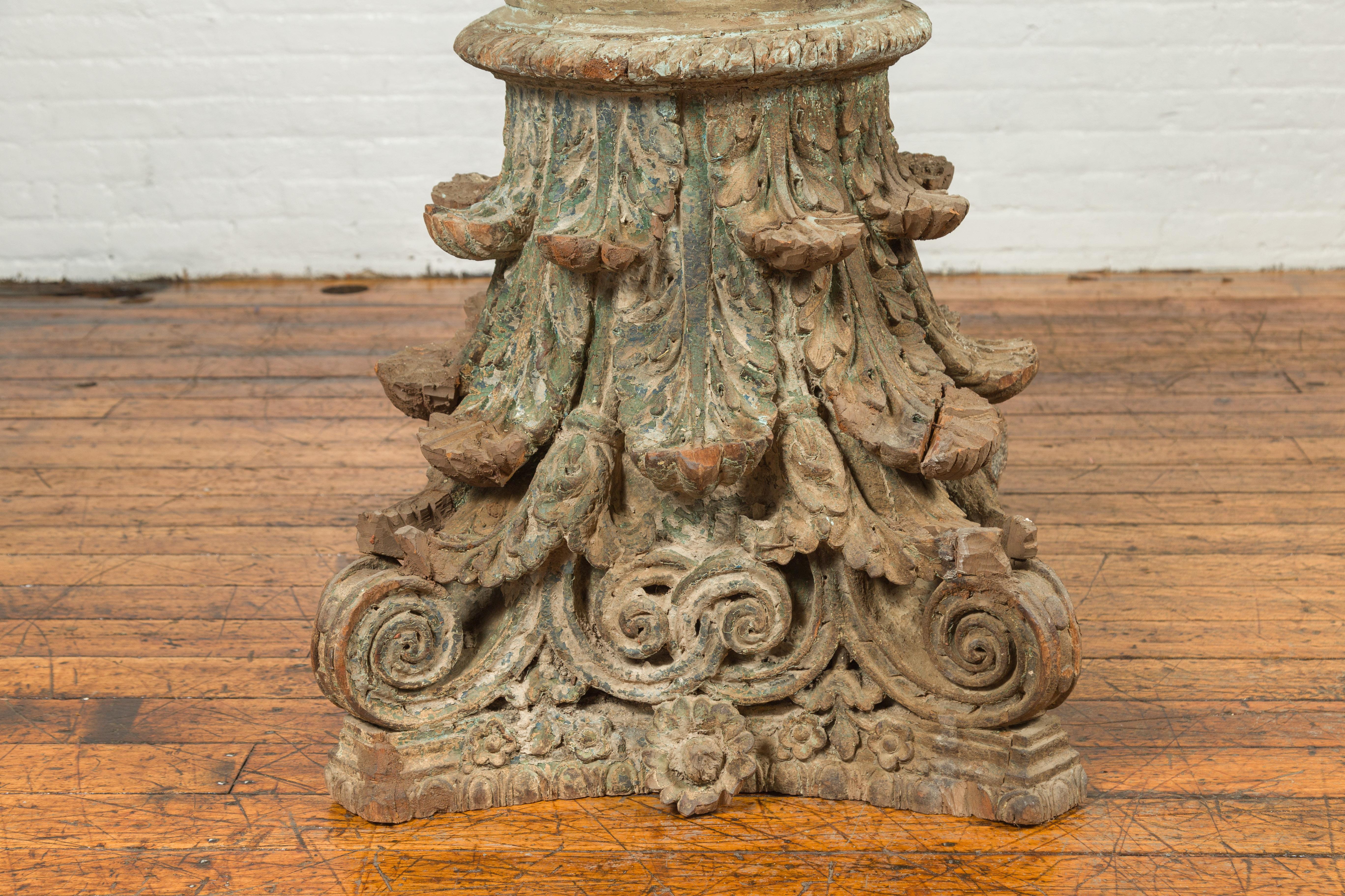 Carved Antique Indian Corinthian Temple Capital Carving with Distressed Patina For Sale