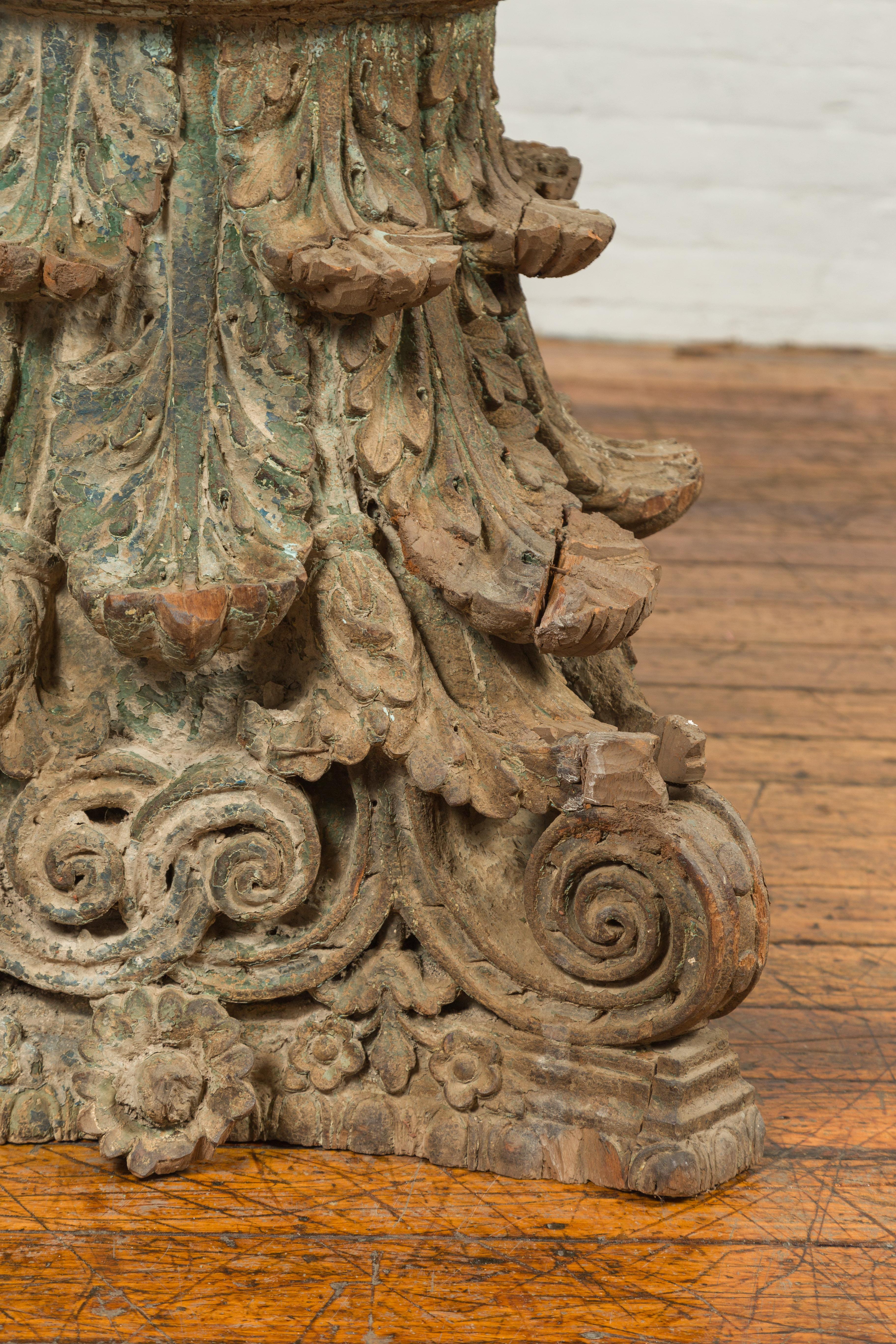 19th Century Antique Indian Corinthian Temple Capital Carving with Distressed Patina For Sale