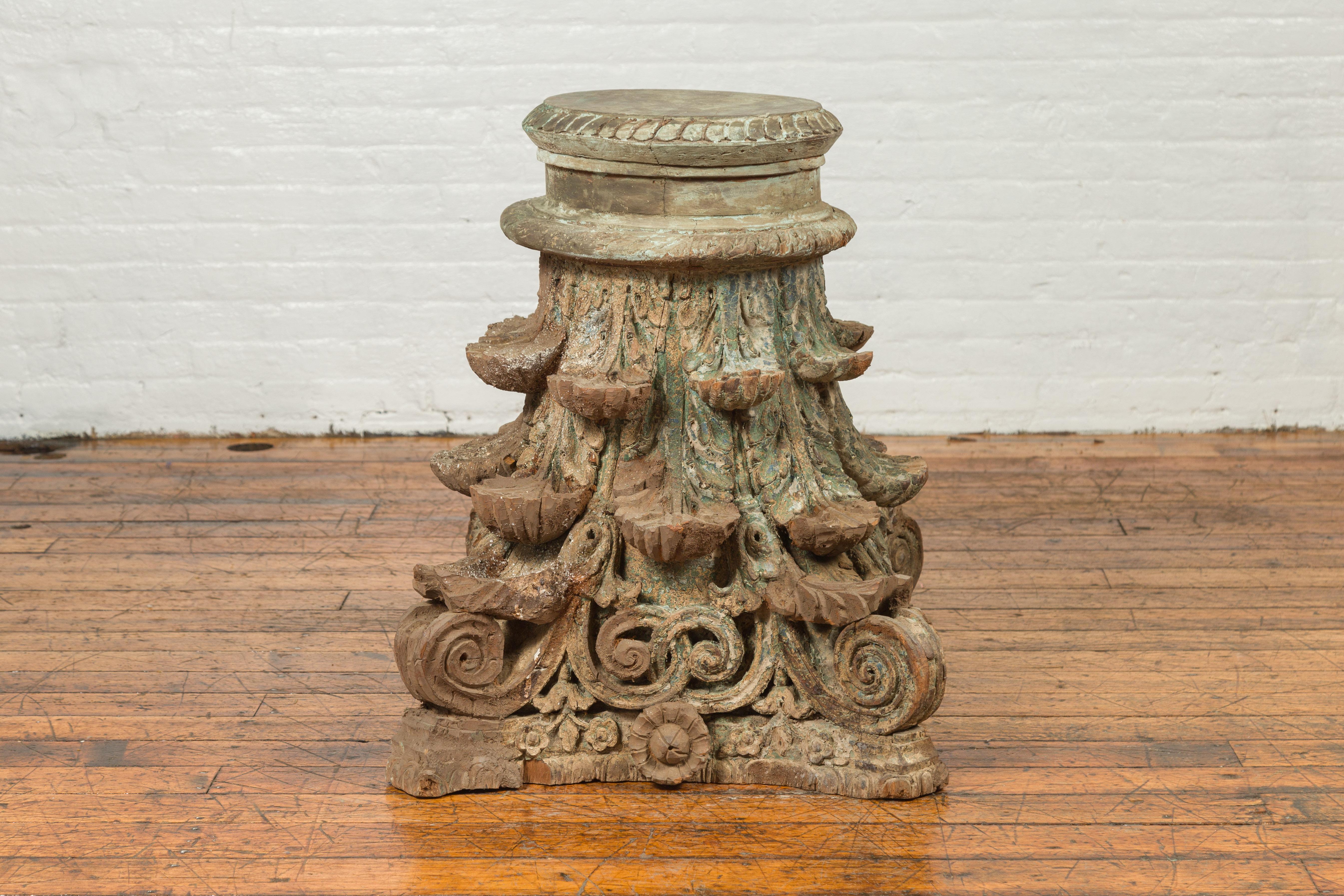 Wood Antique Indian Corinthian Temple Capital Carving with Distressed Patina For Sale