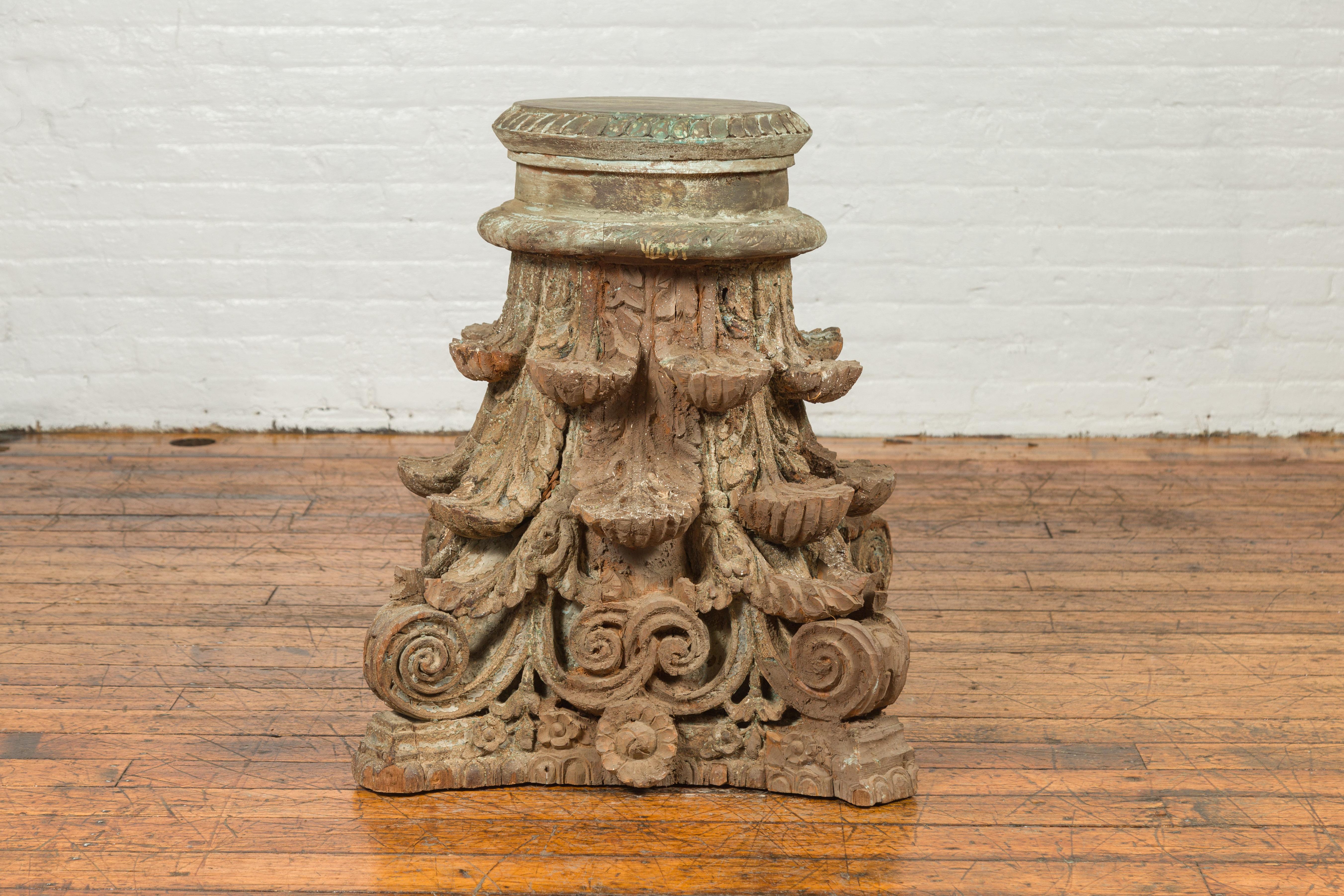 Wood Antique Indian Corinthian Temple Capital Carving with Distressed Patina For Sale