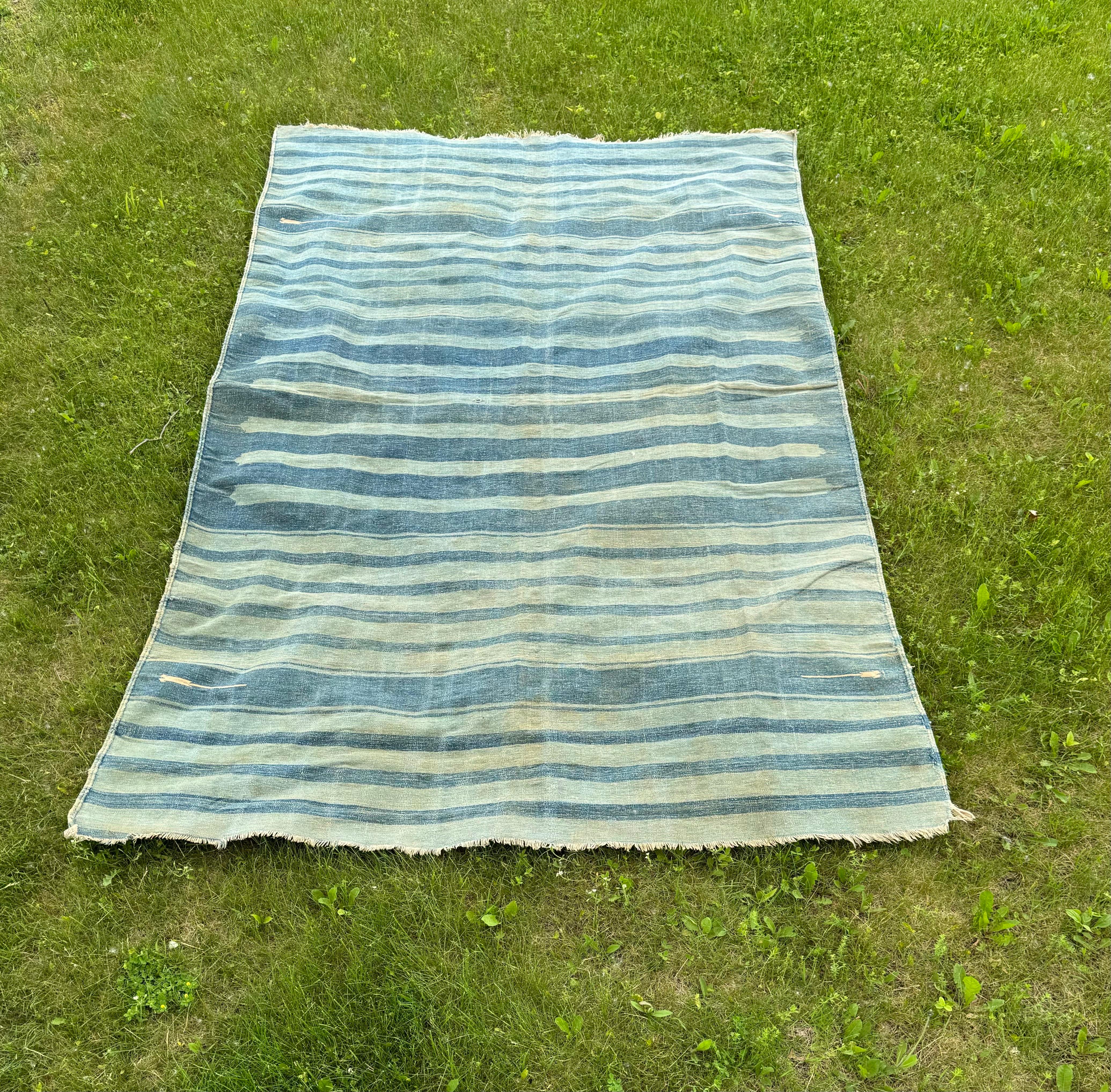 Antique Indian Dhurrie striped blue on blue rug.

A signature all cotton flatweave.

Measures approximately 5 x 8 feet; detailed dimensions below.  Ideal for a smaller room or for layering atop another rug.

Circa 1920.

Overall good condition with