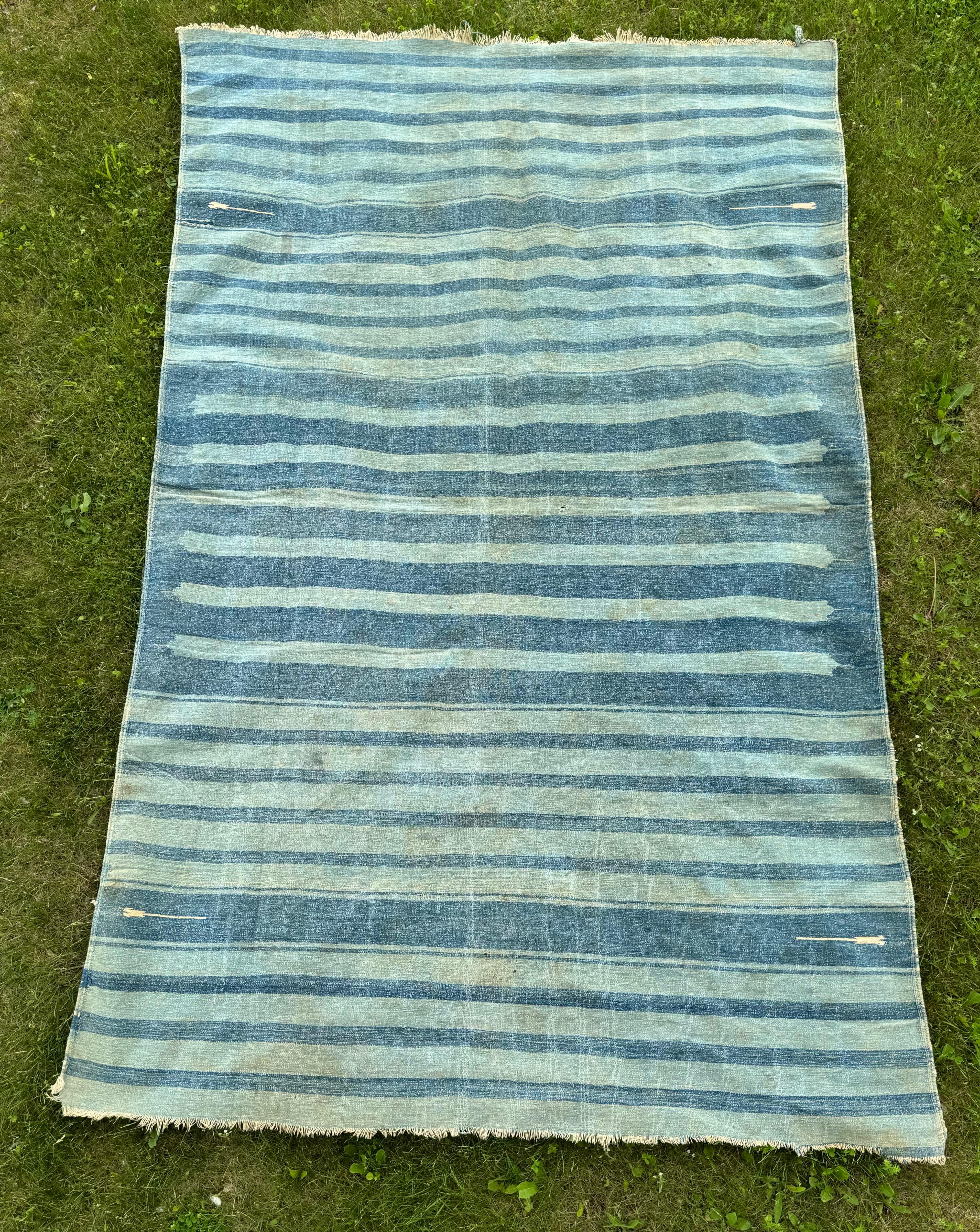 Antique Indian Cotton Dhurrie Blue Stripe Rug 5 x 8 In Good Condition In New York, NY