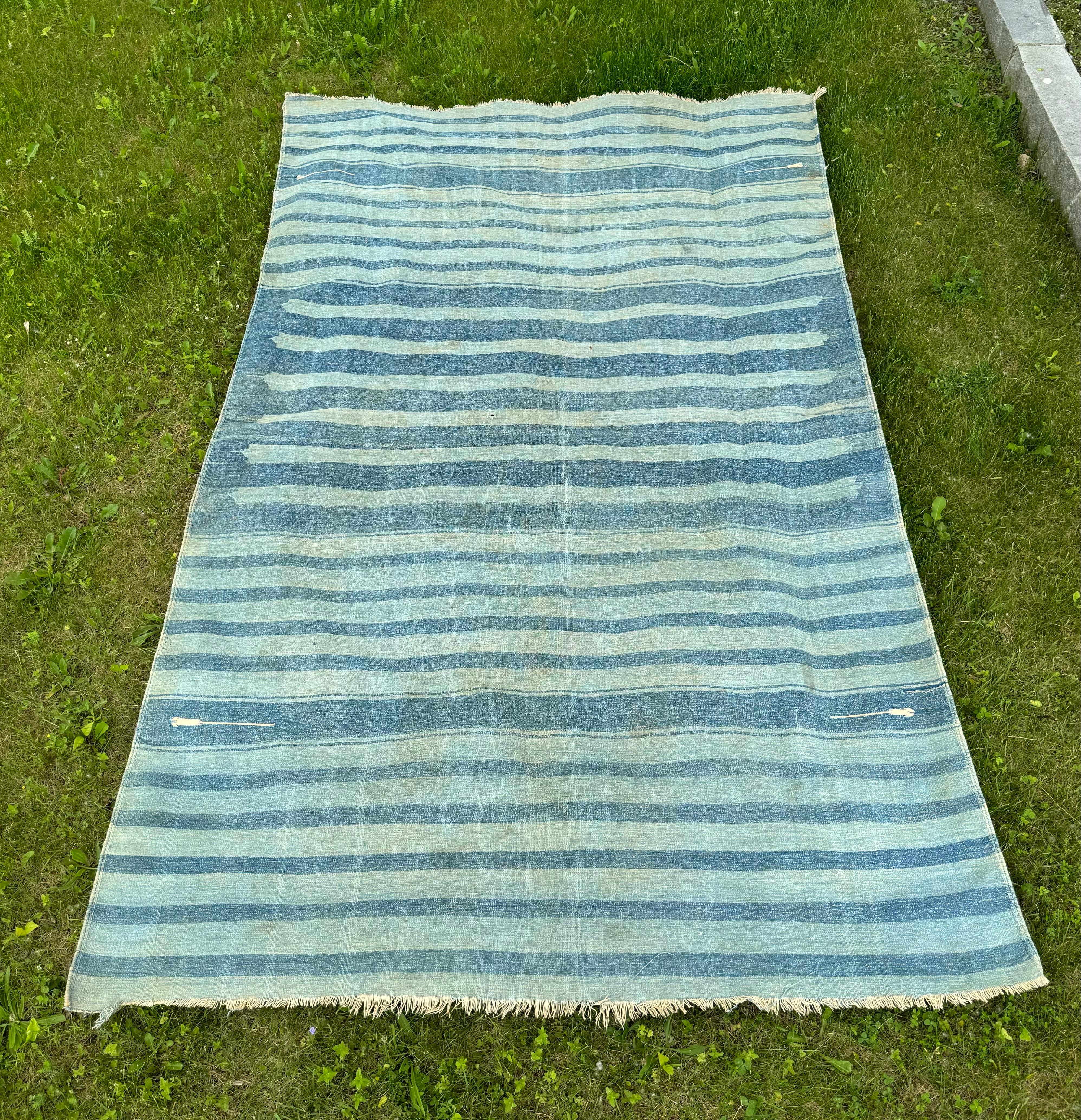 Early 20th Century Antique Indian Cotton Dhurrie Blue Stripe Rug 5 x 8