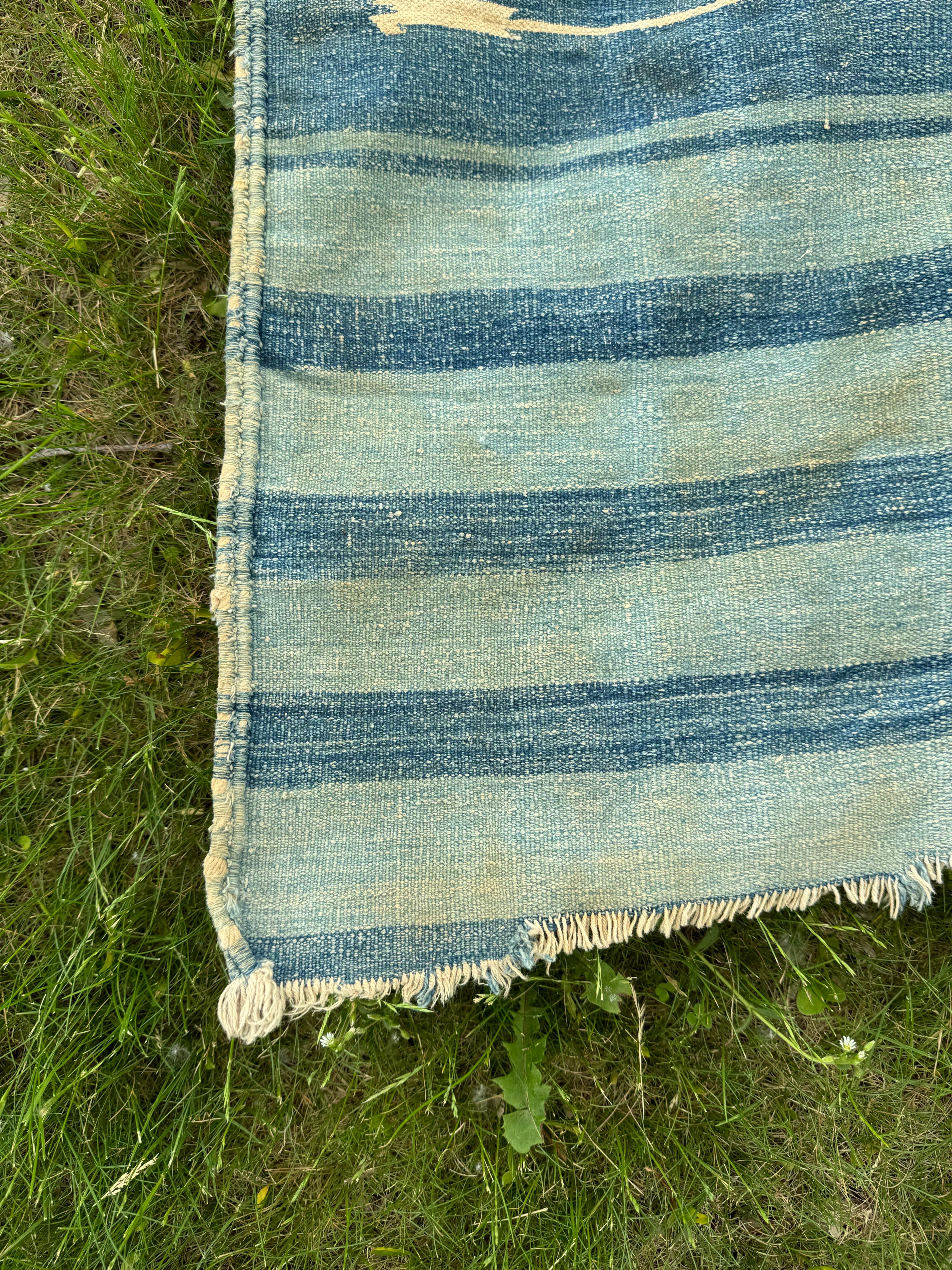 Antique Indian Cotton Dhurrie Blue Stripe Rug 5 x 8 1