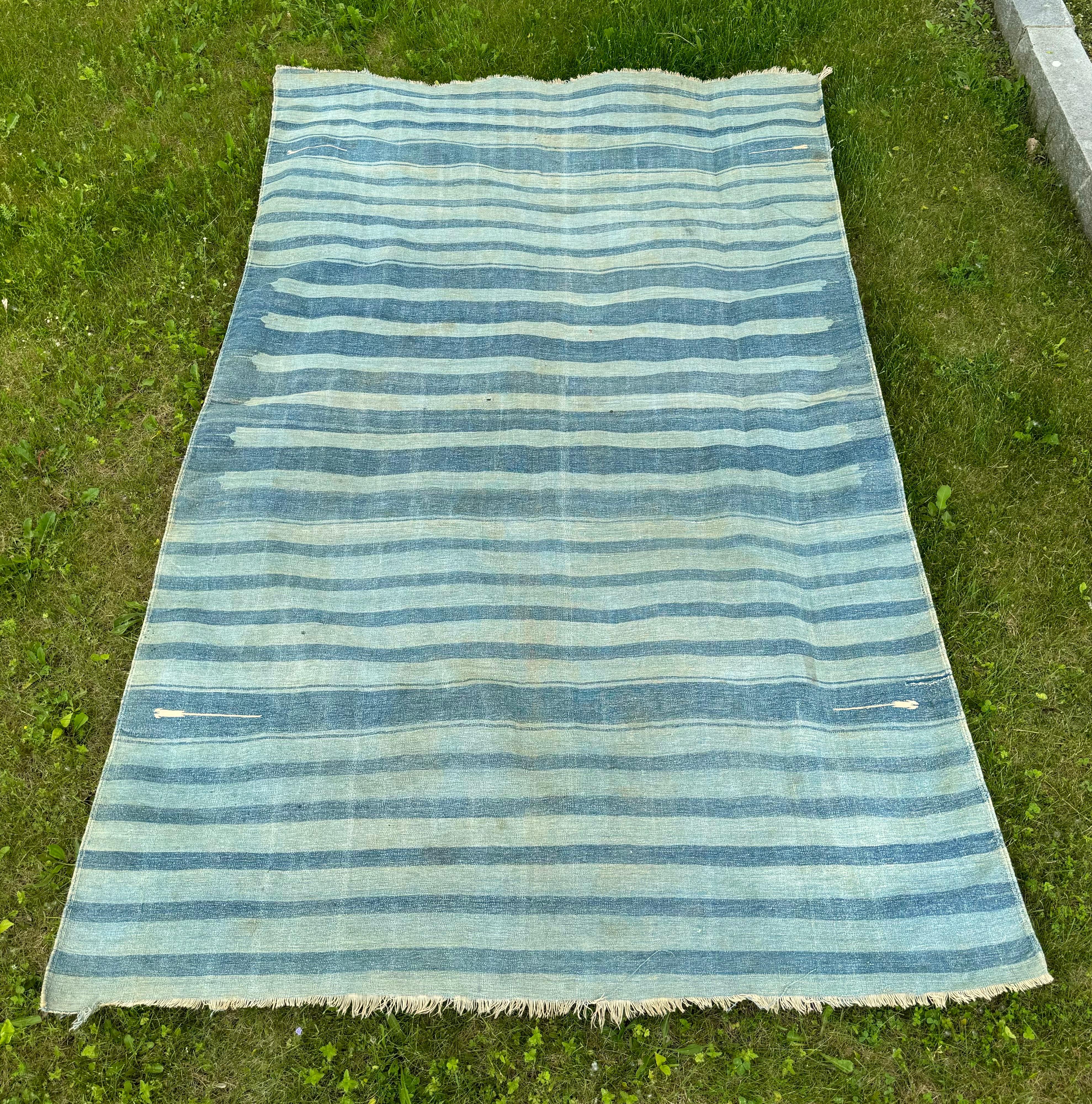Antique Indian Cotton Dhurrie Blue Stripe Rug 5 x 8 2