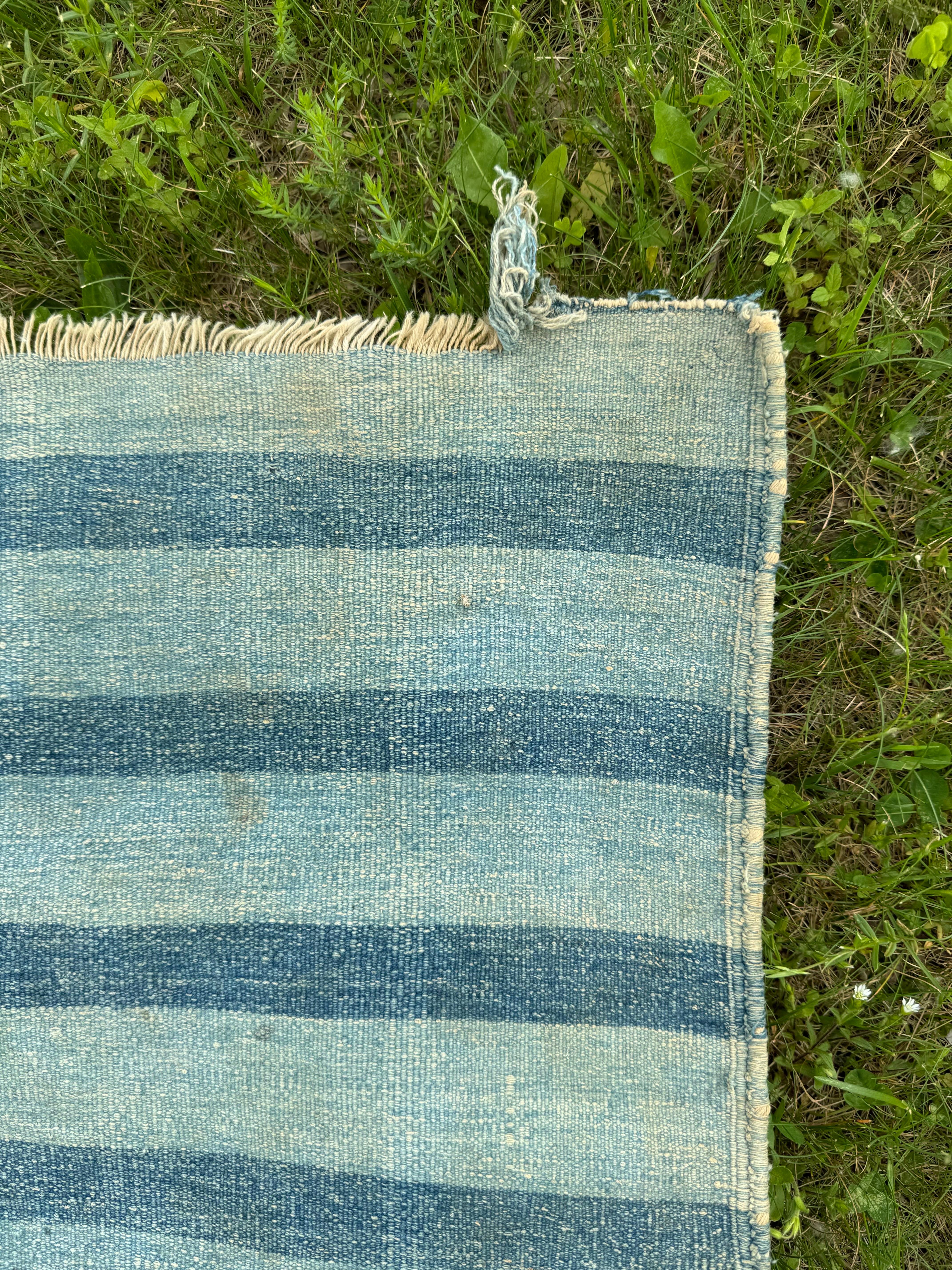 Antique Indian Cotton Dhurrie Blue Stripe Rug 5 x 8 3