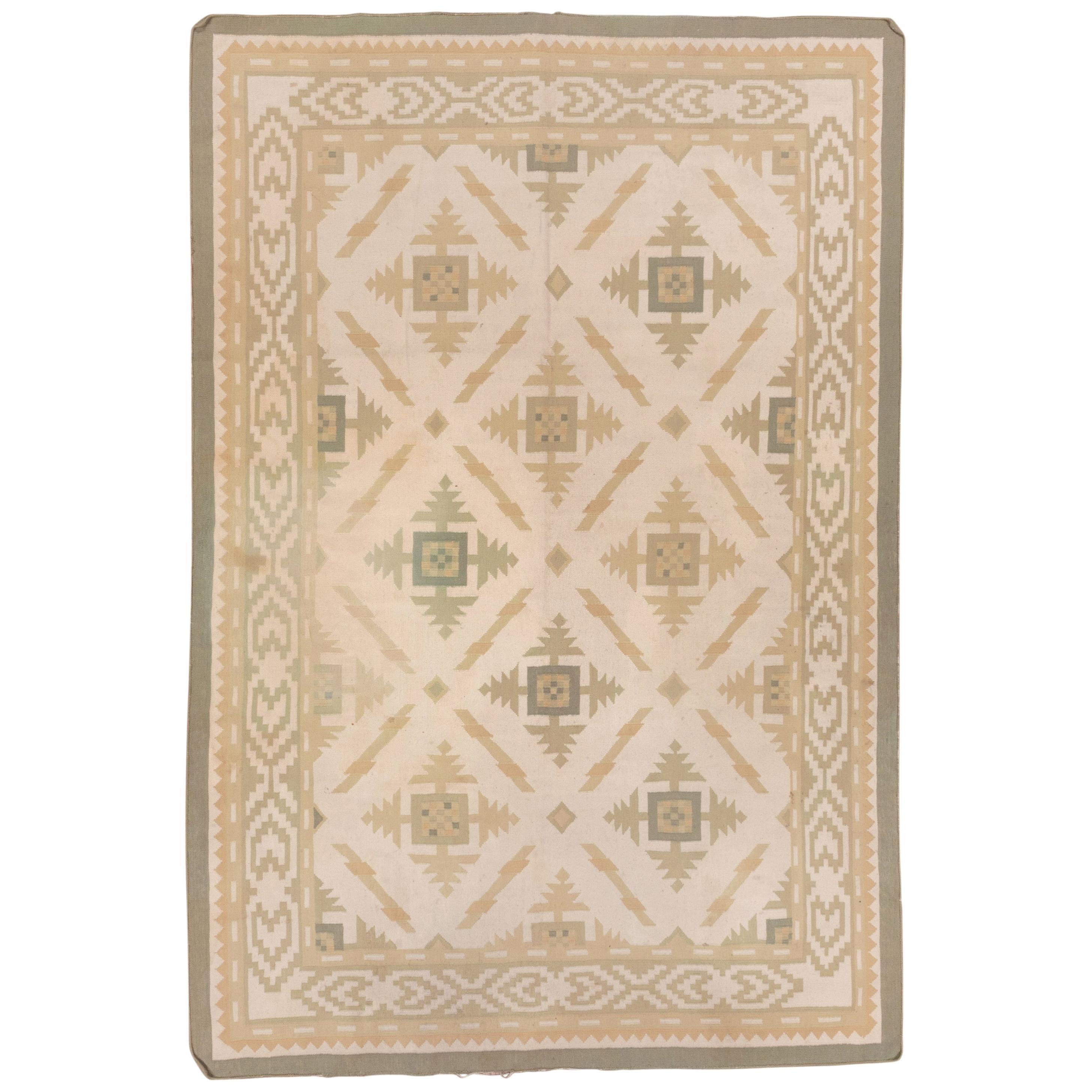Antique Indian Cotton Dhurrie Rug, Allover Field, Green Accents