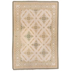 Tapis Dhurrie indien ancien en coton, terrain sur toute sa surface, accents verts