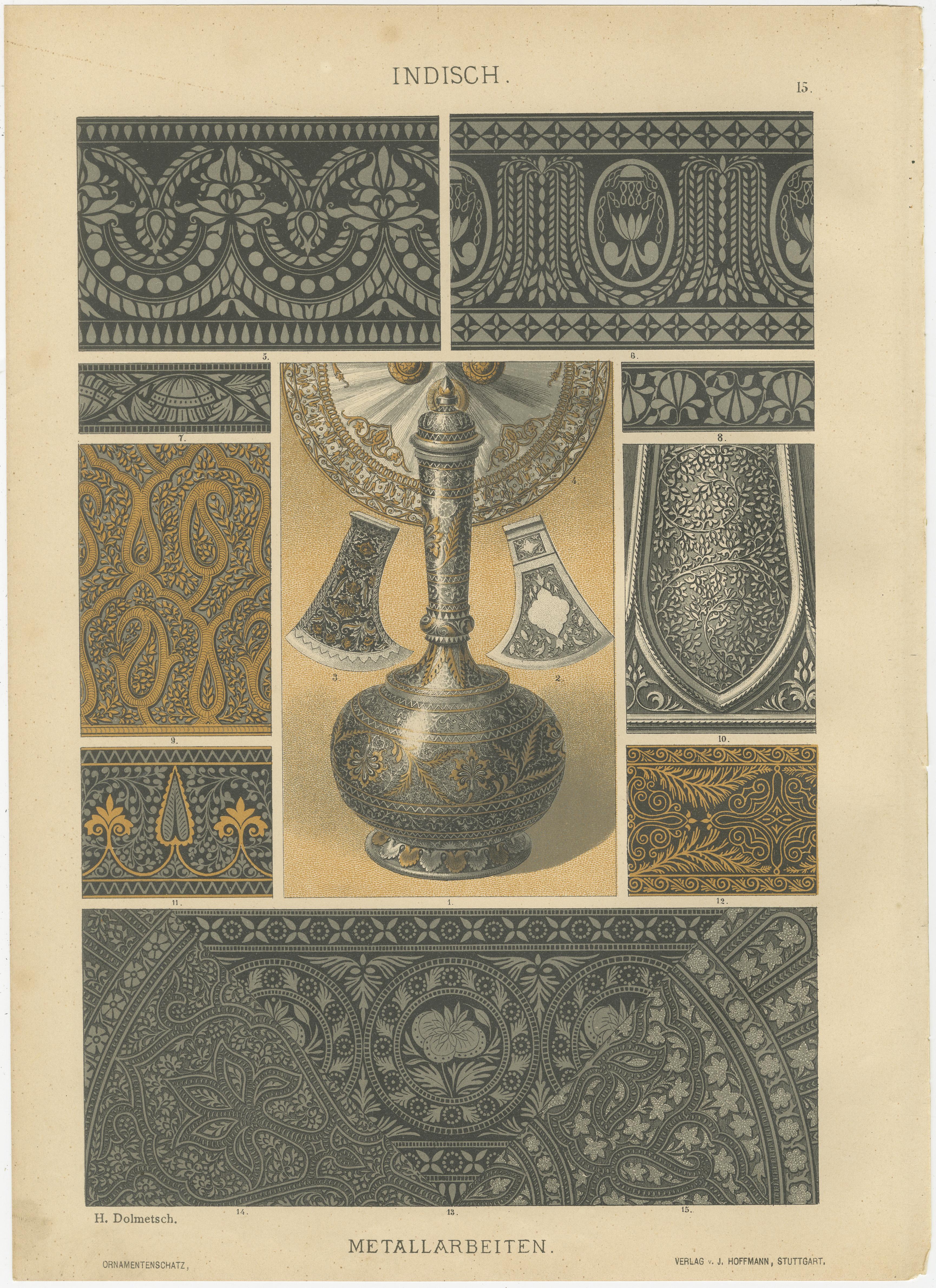 Antiguos Grabados de Arte Decorativo Indio: Metalistería y Motivos Textiles, 1887

Este elegante par de grabados antiguos presenta una cautivadora panorámica de las artes decorativas tradicionales de la India, centrándose tanto en la metalistería