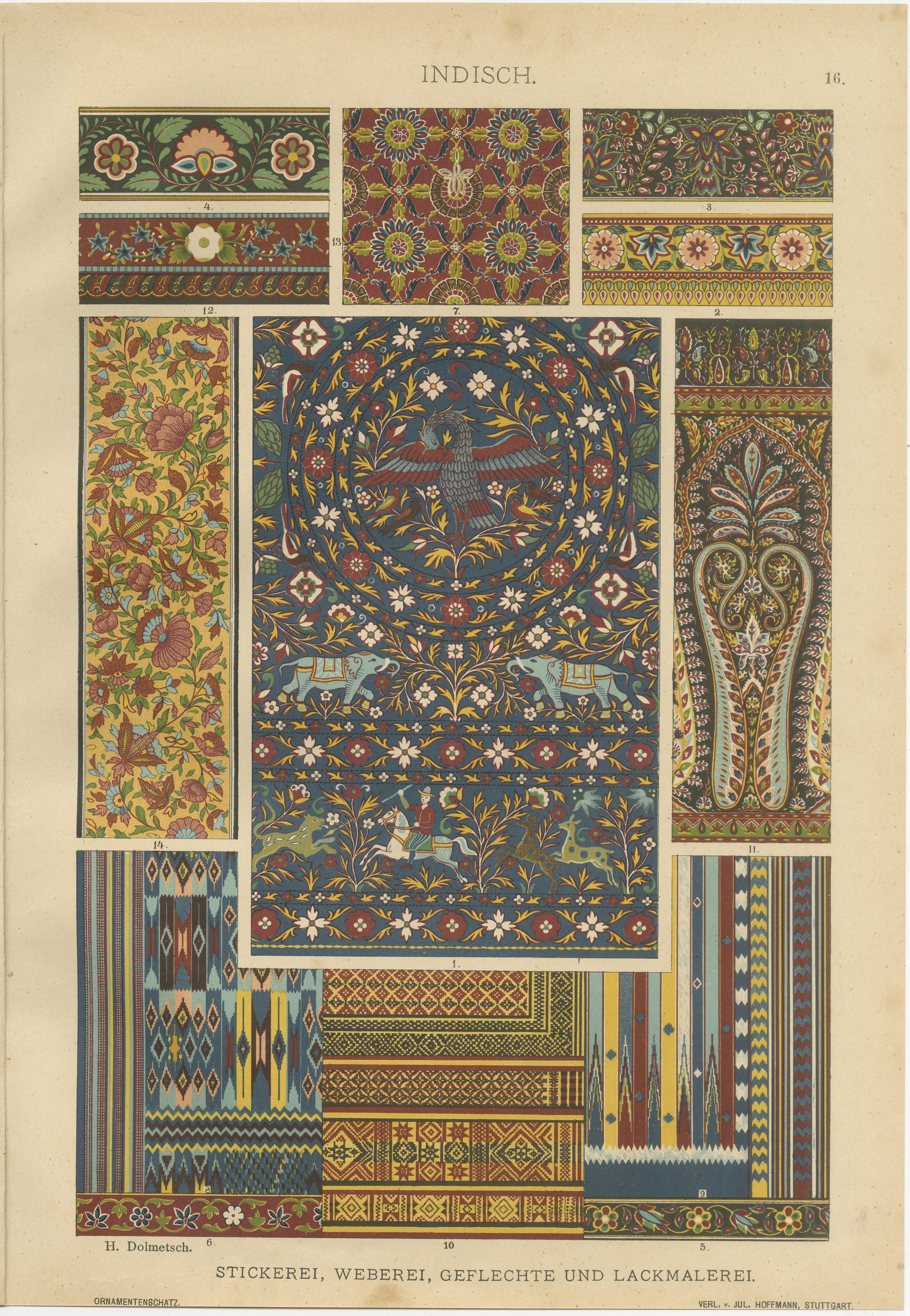 Antiguos Grabados de Arte Decorativo Indio: Metalistería y Motivos Textiles, 1887 en Bueno estado para la venta en Langweer, NL