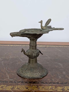 Antique Indian Dhokra Bronze Ritual Oil Lamp with Bird Spout