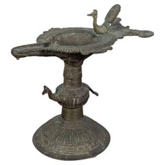 Antique Indian Dhokra Bronze Ritual Oil Lamp with Bird Spout