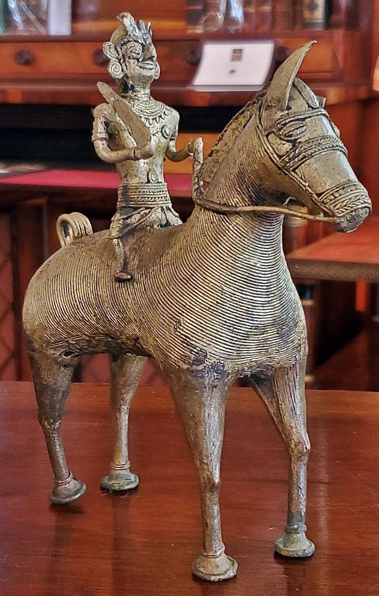 Metal Antique Indian Dhokra Horse and Rider Sculpture For Sale
