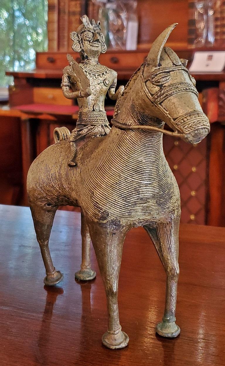 Anglo Raj Antique Indian Dhokra Horse and Rider Sculpture For Sale