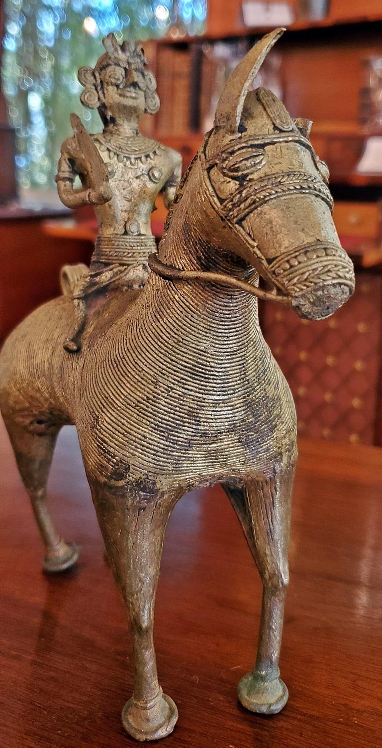 Antique Indian Dhokra Horse and Rider Sculpture In Fair Condition For Sale In Dallas, TX