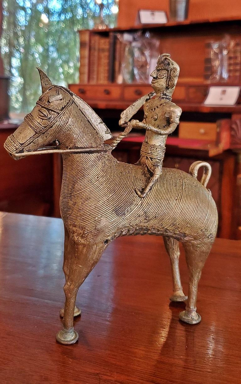 19th Century Antique Indian Dhokra Horse and Rider Sculpture For Sale