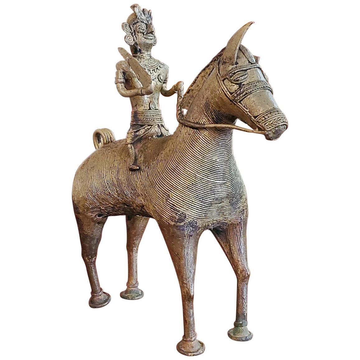 Antique Indian Dhokra Horse and Rider Sculpture For Sale