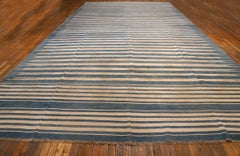 1920s Blue & White Stripe Antique Indian Dhurrie Carpet 10'9" x 21'8" Cotton Rug